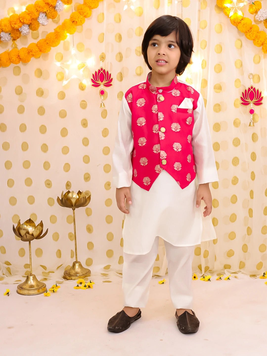 Fast Wear Festive Pure Chanderi Jacket With Kurta Pajama Set For Boys
