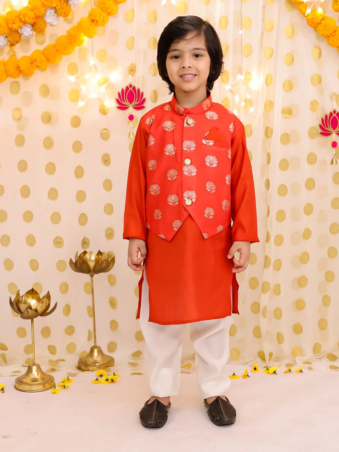 Fast Wear Festive Pure Chanderi Jacket With Kurta Pajama Set For Boys