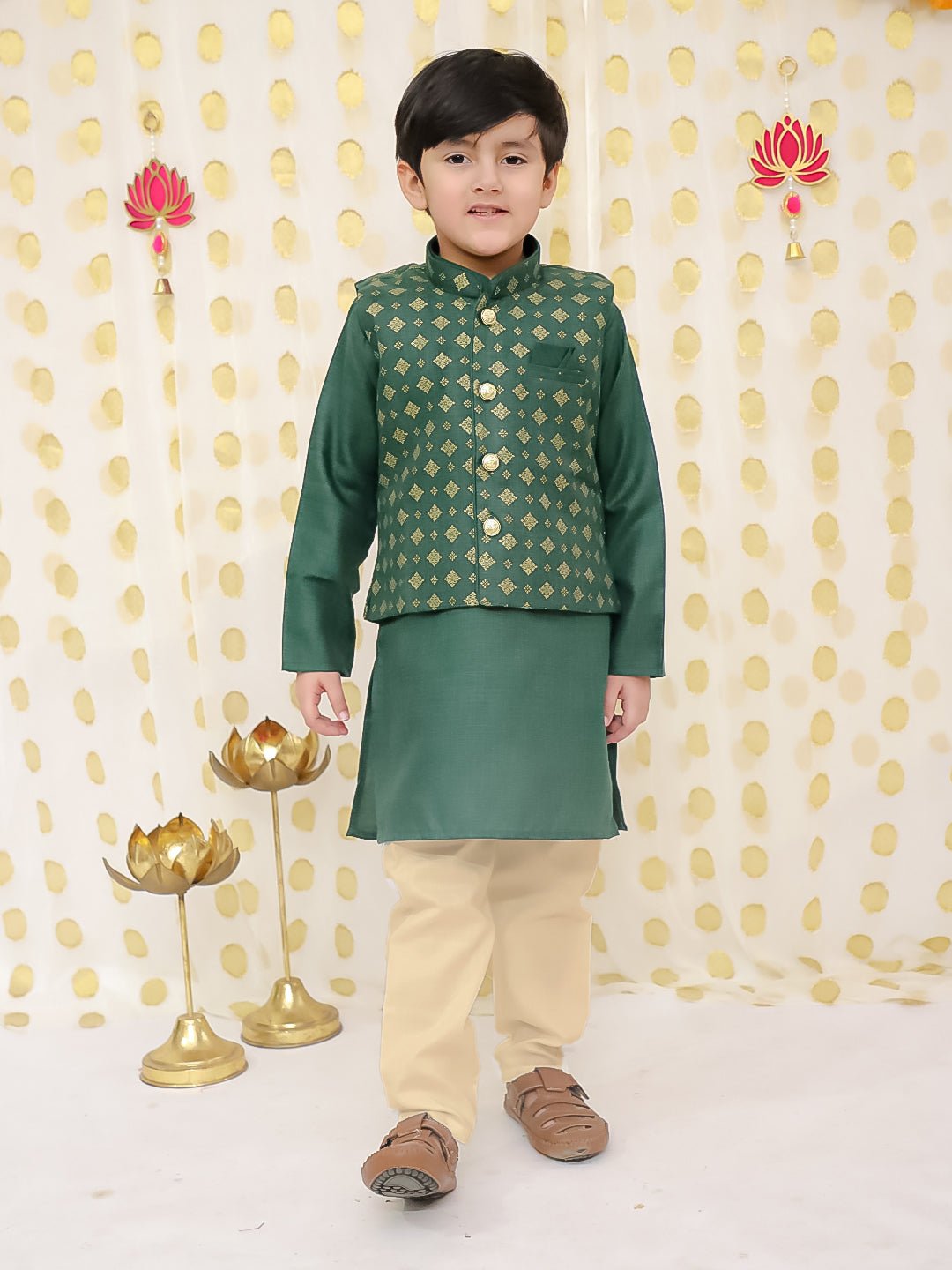 Fast Wear Printed Linen Jacket With Kurta Pajama Set For Boys
