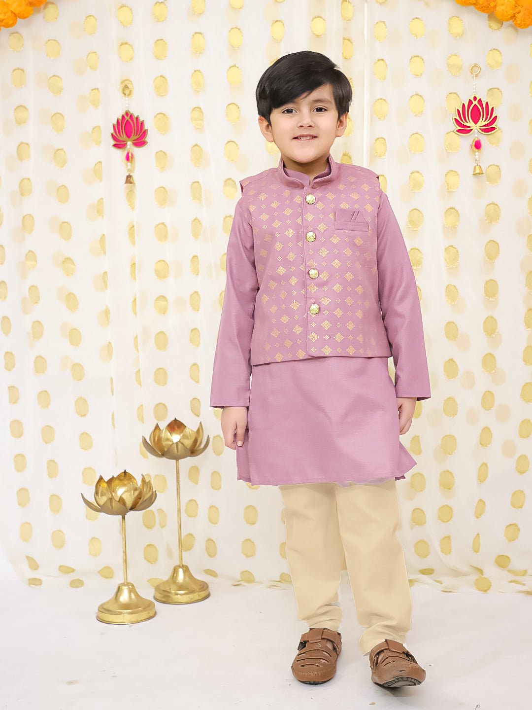 Fast Wear Printed Linen Jacket With Kurta Pajama Set For Boys