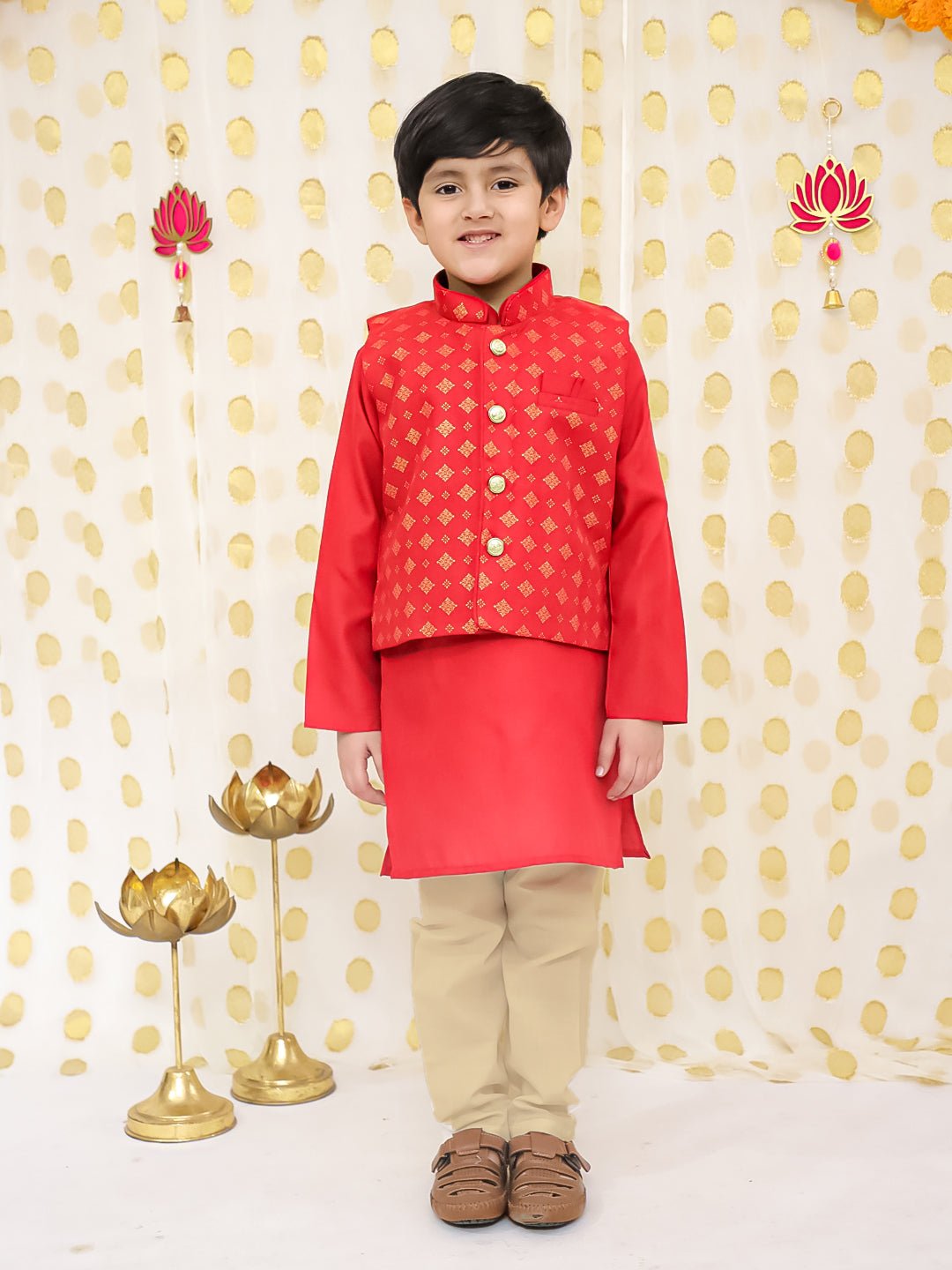 Fast Wear Printed Linen Jacket With Kurta Pajama Set For Boys