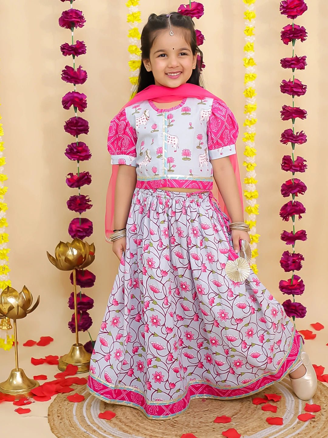 Fast Wear Pure Cotton Short Puff Sleeves Lehenga Choli  Set  With Dupatta For Girls