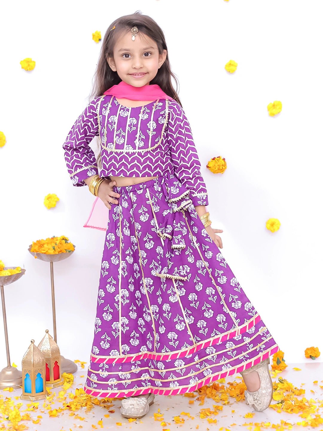 Fast Wear Festive 3/4th Sleeves Pure Cotton Printed Lehenga Choli With Dupatta Set For Girls