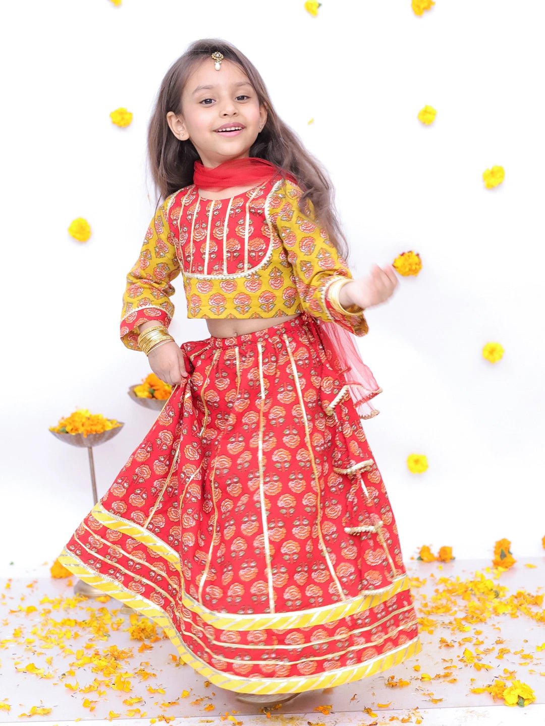 Fast Wear Festive 3/4th Sleeves Pure Cotton Printed Lehenga Choli With Dupatta Set For Girls