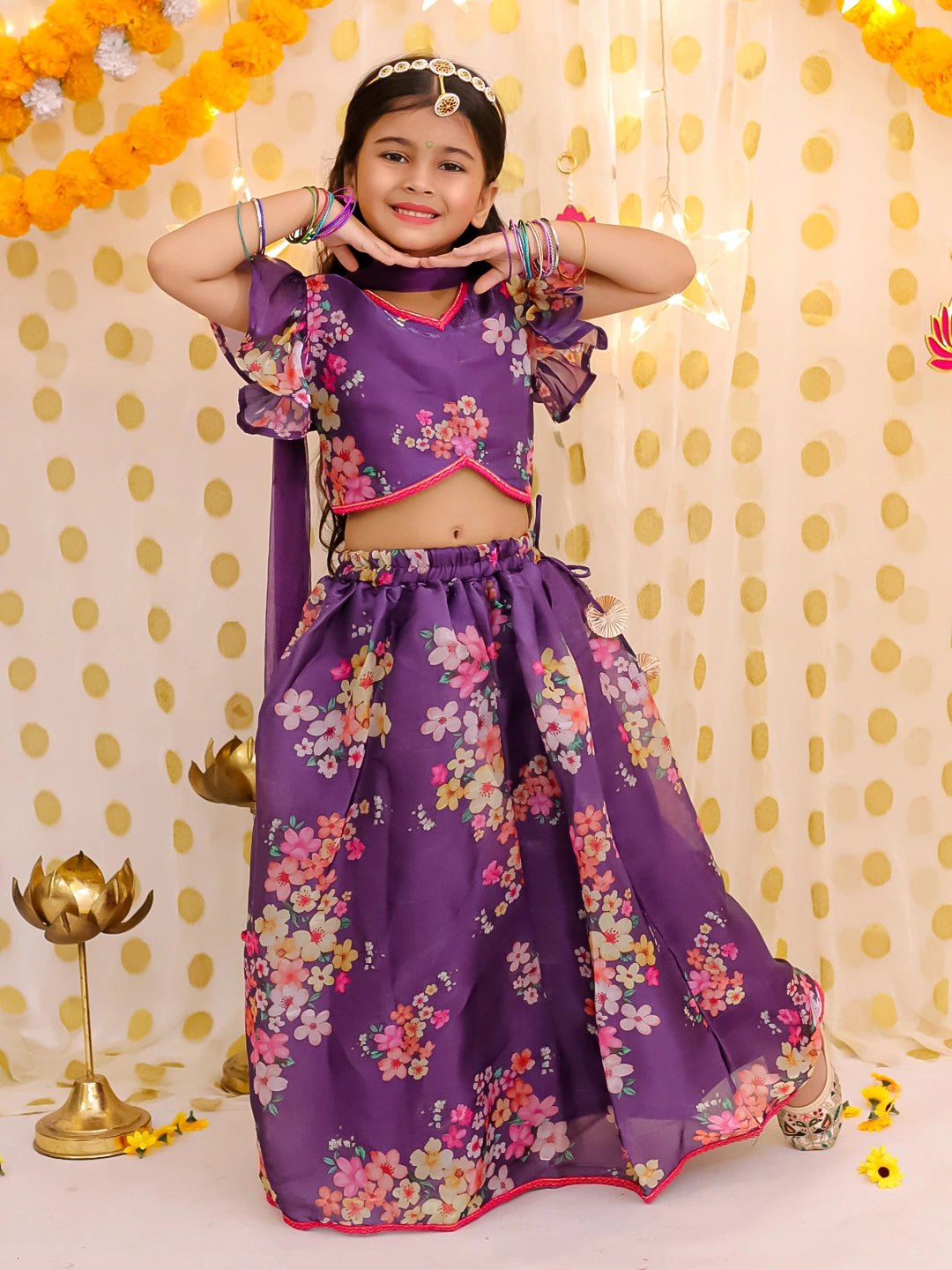 Fast Wear Flared Sleeves Lehenga Choli With Dupatta Set For Girls