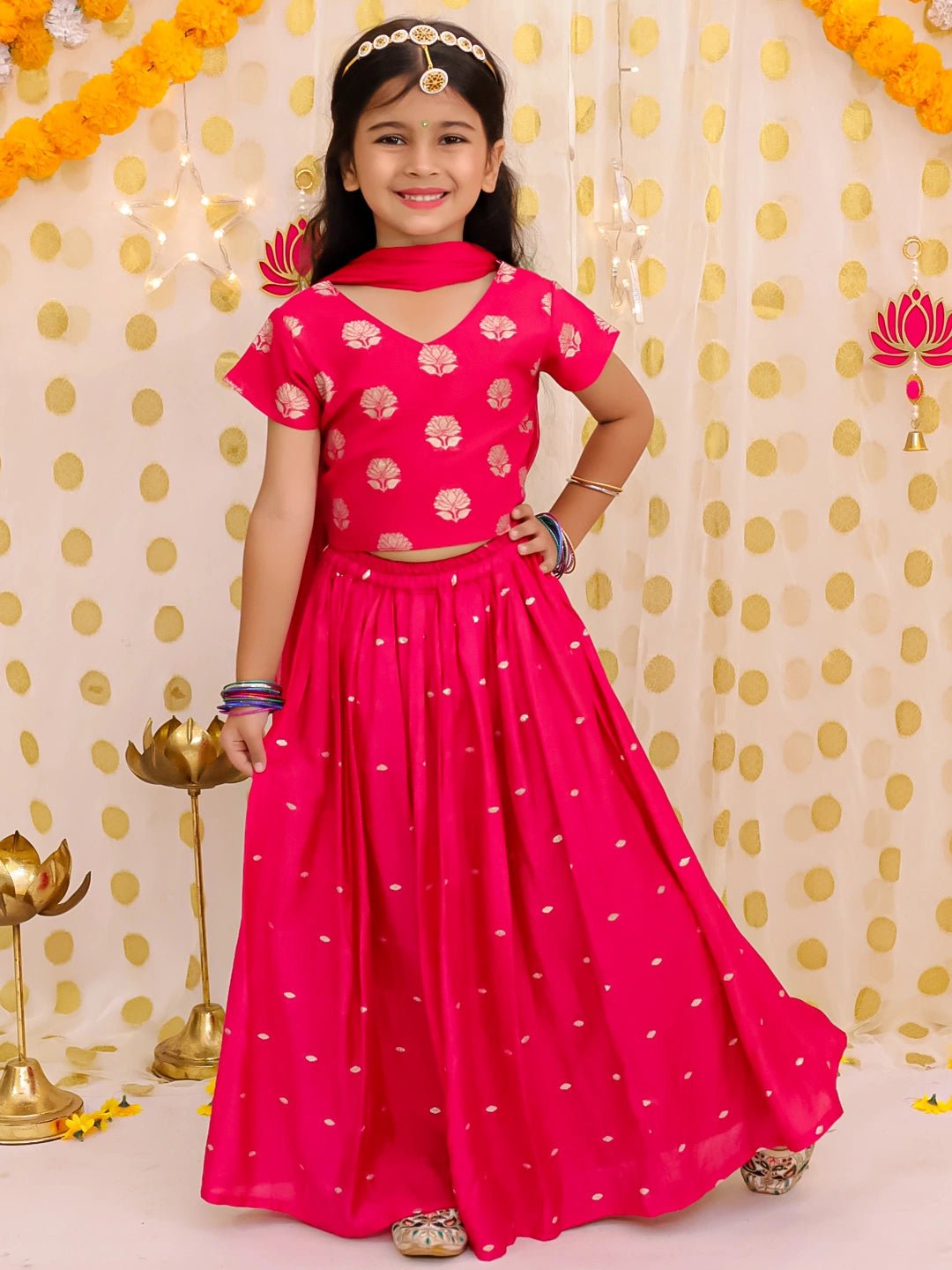 Fast Wear Short Sleeves Chanderi Lehenga Choli With Dupatta Set For Girls