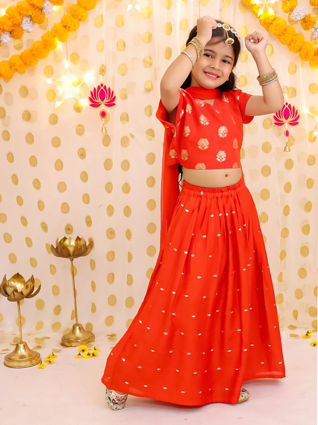 Fast Wear Short sleeves Chanderi Lehenga Choli With Dupatta Set For Girls
