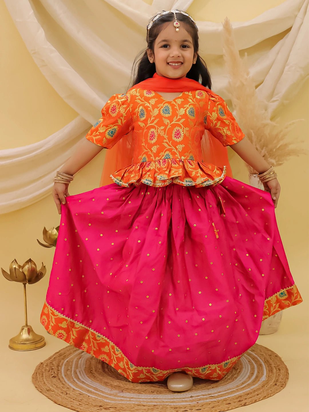 Fast Wear Short Sleeves jacquard Peplum Lehenga Choli With Dupatta Set For Girls