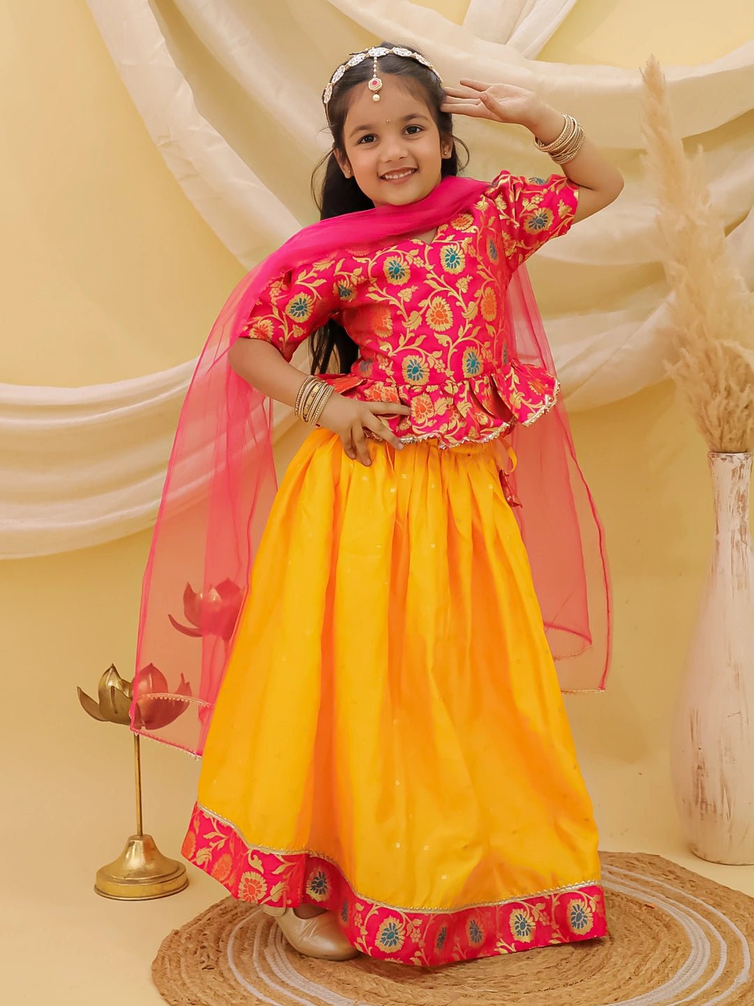 Fast Wear Short Sleeves jacquard Peplum Lehenga Choli With Dupatta Set For Girls