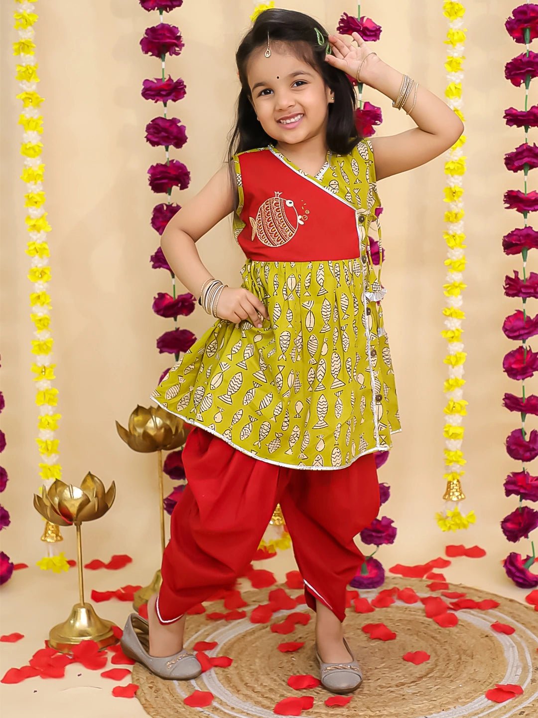 Fast Wear Pure Cotton Embroidered Sleeveless Angarakha style Fish Print Kurti With Dhoti For Girls