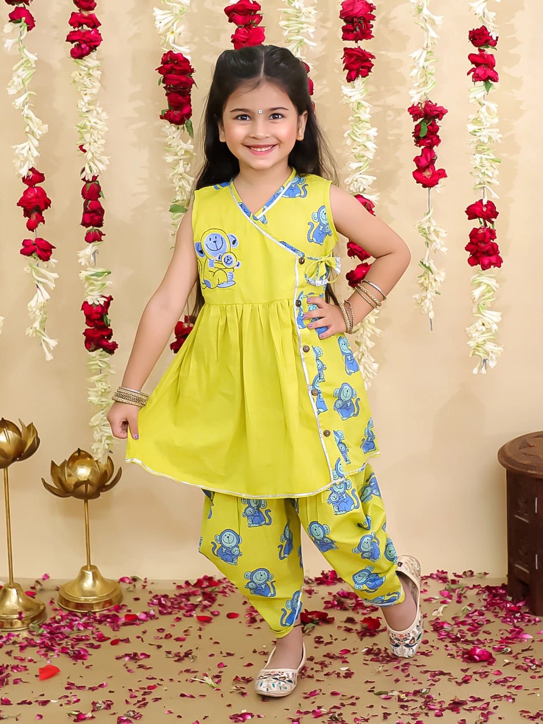 Fast Wear Pure Cotton Embroidered Sleeveless Angarakha style Fish Print Kurti With Dhoti For Girls
