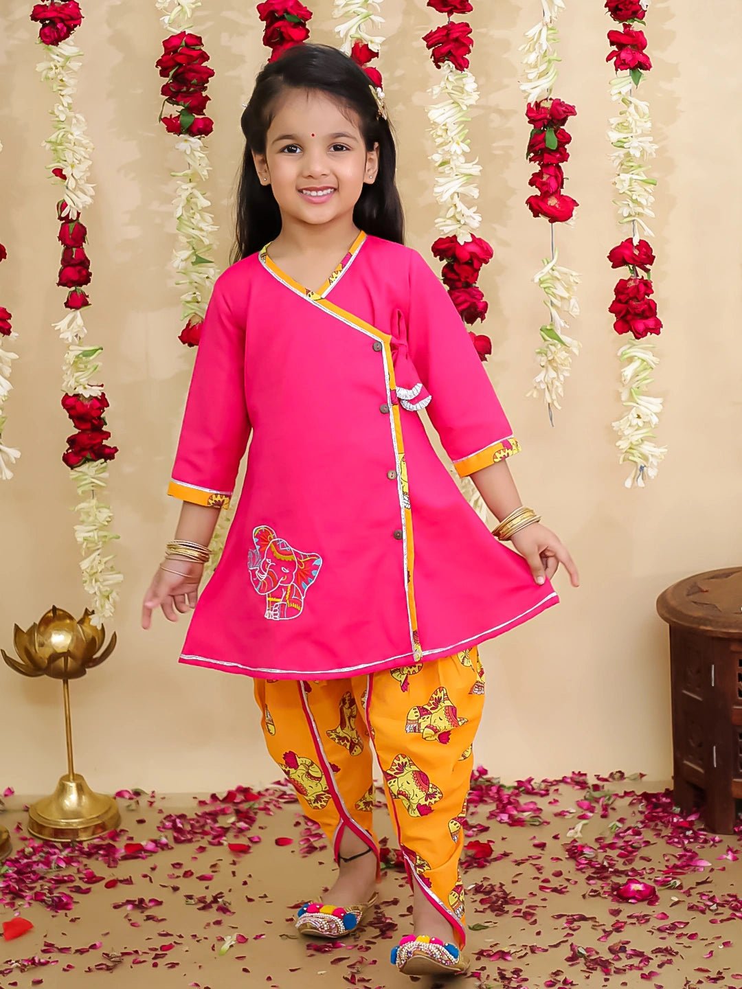 Fast Wear Pure Cotton Angarakha Style Elephant Print Kurti with Dhoti for Girls | Ethnic Wear ? Pink