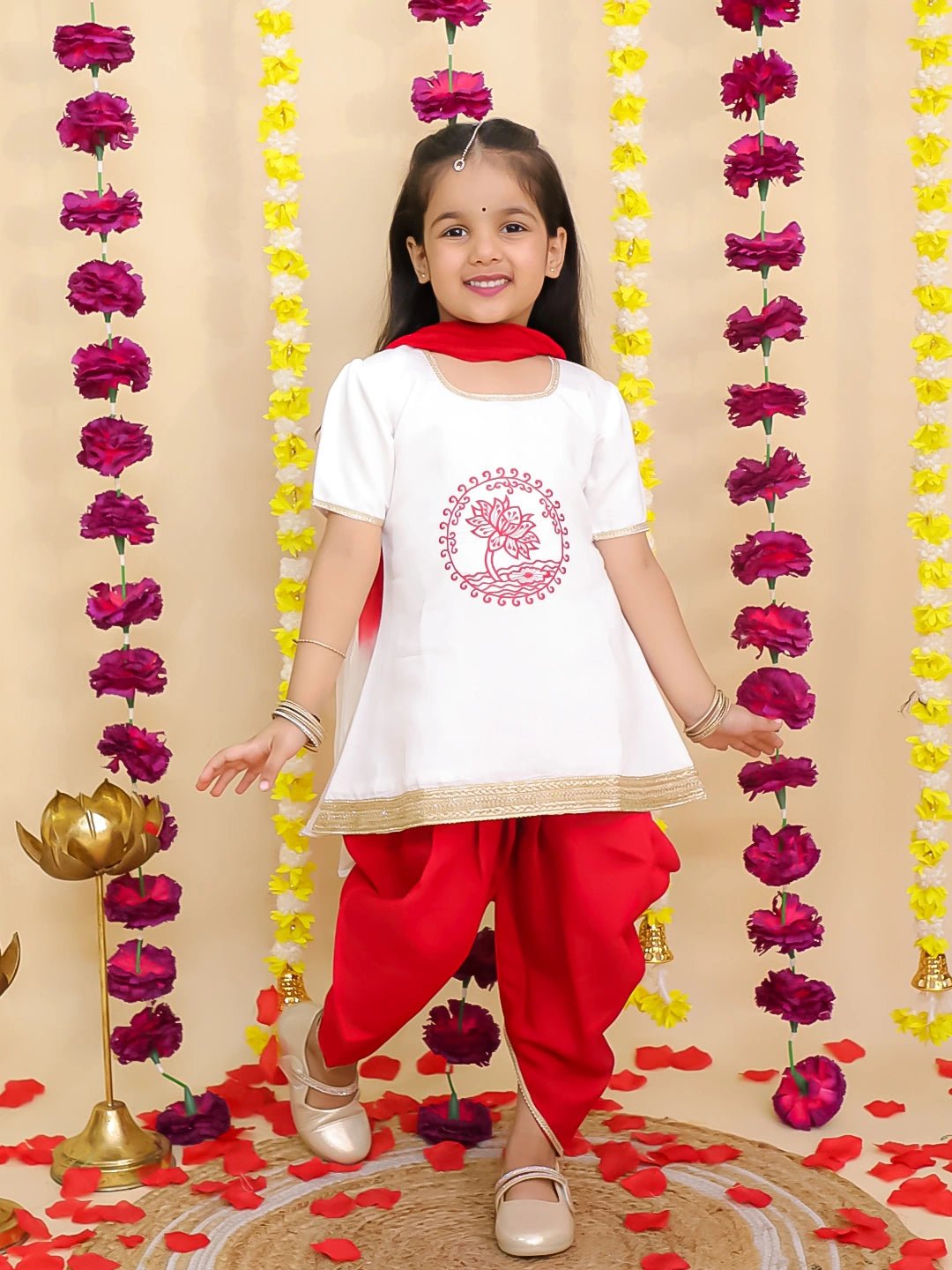 Fast Wear Pure Cotton Embroidered Elephant Print Kurti With Dhoti For Girls
