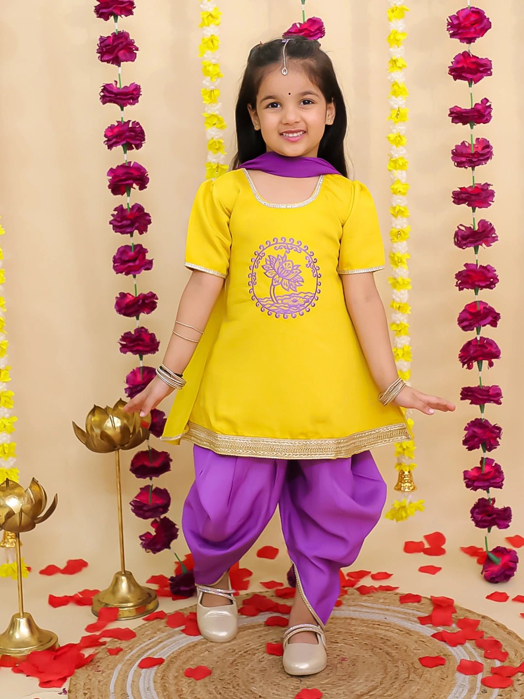 Fast Wear Pure Cotton Embroidered Elephant Print Kurti With Dhoti For Girls