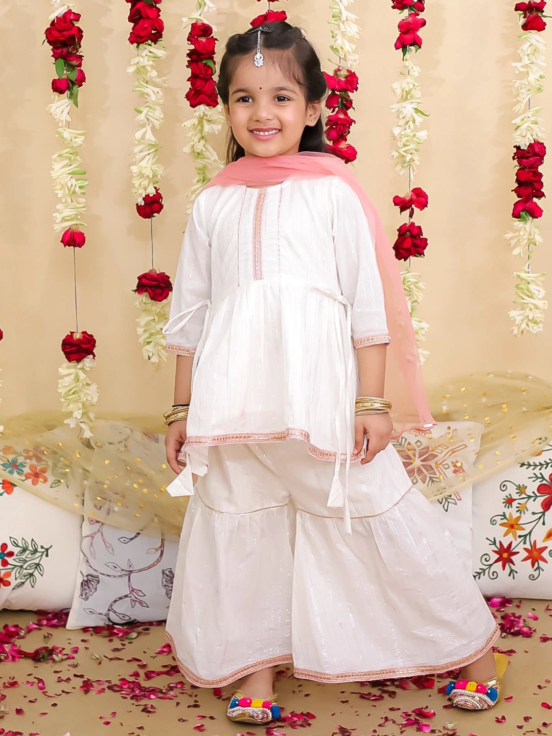 Fast Wear Pure Cotton Lurex Kurti with Sharara & Dupatta Set for Girls | Elegant Ethnic Outfit ? White (Pre