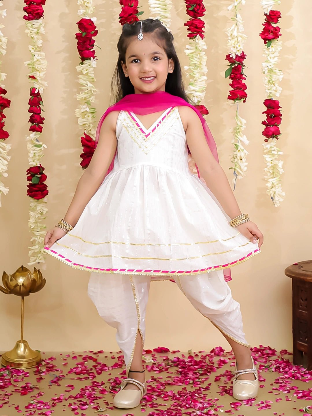 Fast Wear Pure Cotton Lurex Kurti with Dhoti & Dupatta Set for Girls | Kids Ethnic Wear