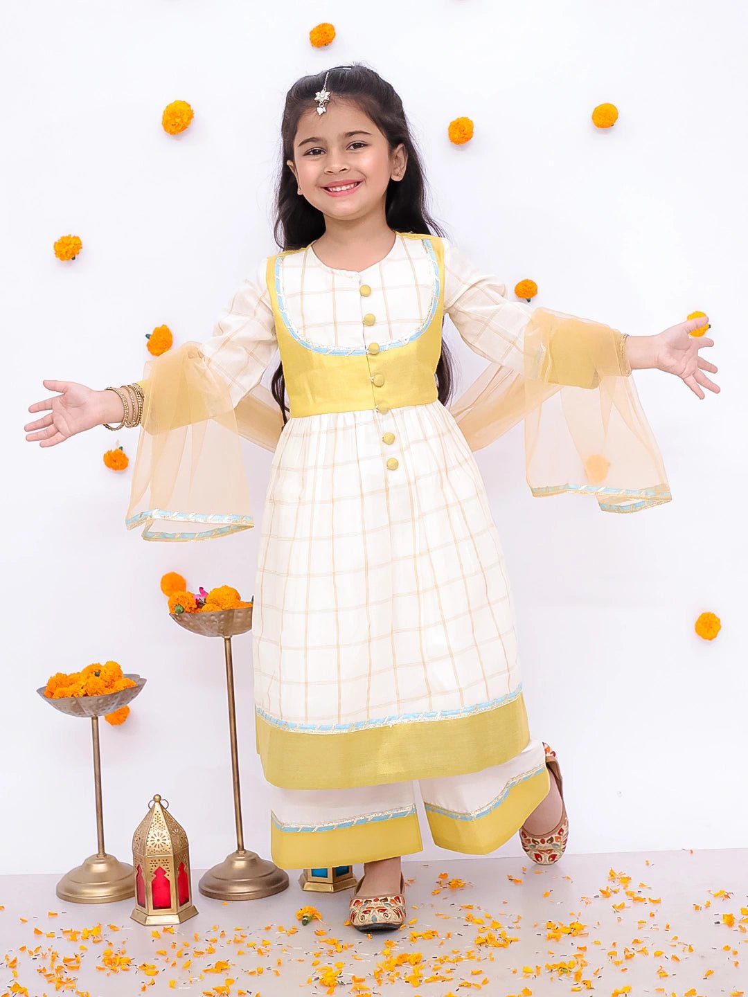 Fast Wear Pure Cotton Quater Sleeves Anarkali Kurti And Palazo With Dupatta Set For Girls