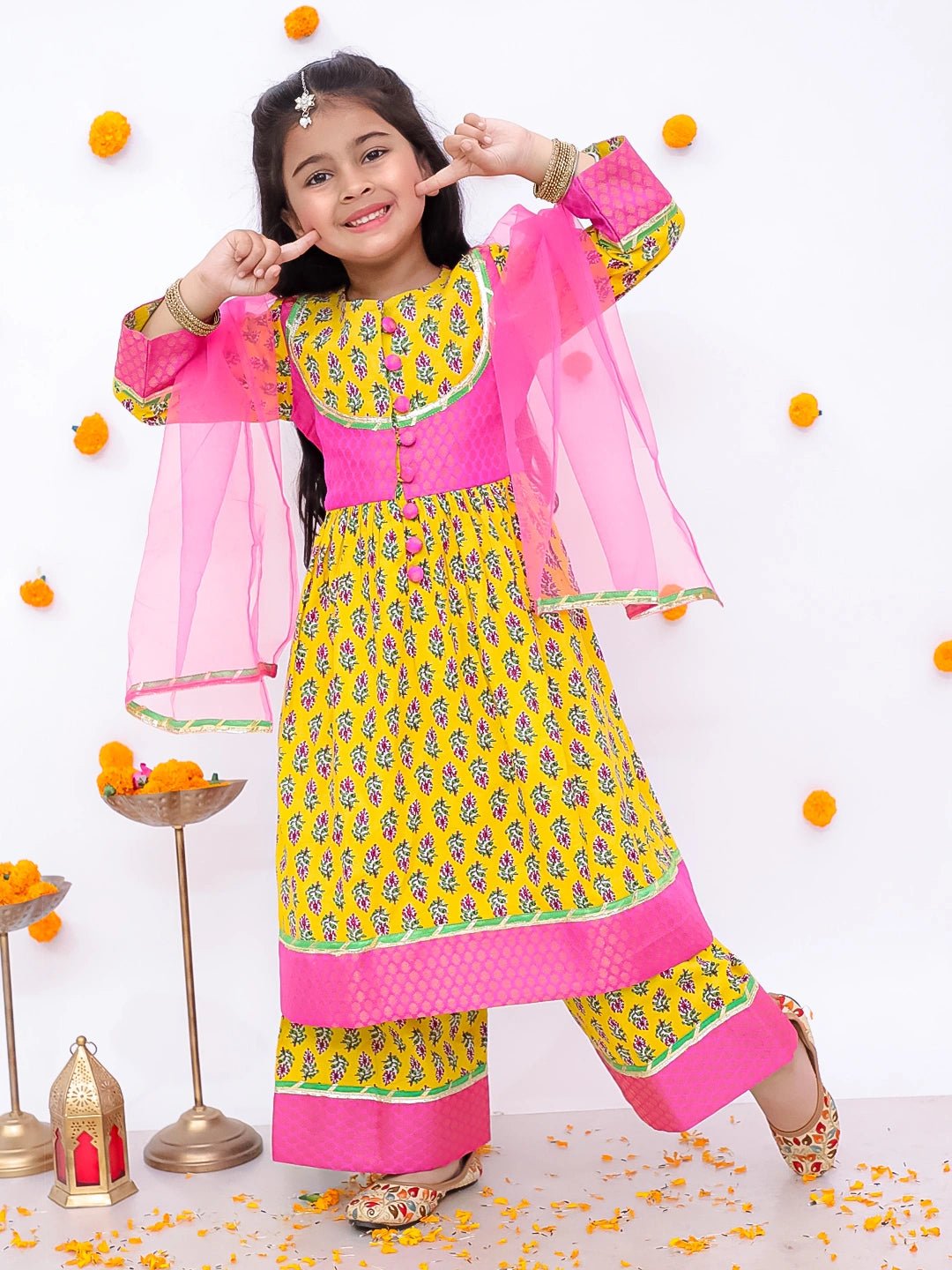 Fast Wear Pure Cotton Quater Sleeves Anarkali Kurti And Palazo With Dupatta Set For Girls