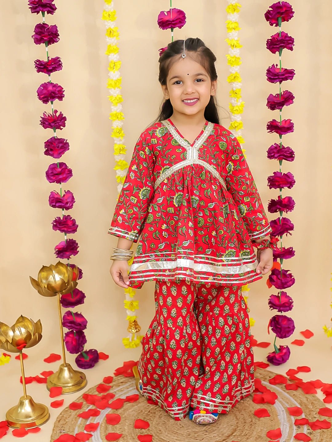 Fast Wear Pure Cotton Quater sleeves Printed Kurti With Sharara Set With matching Srunchie For Girls