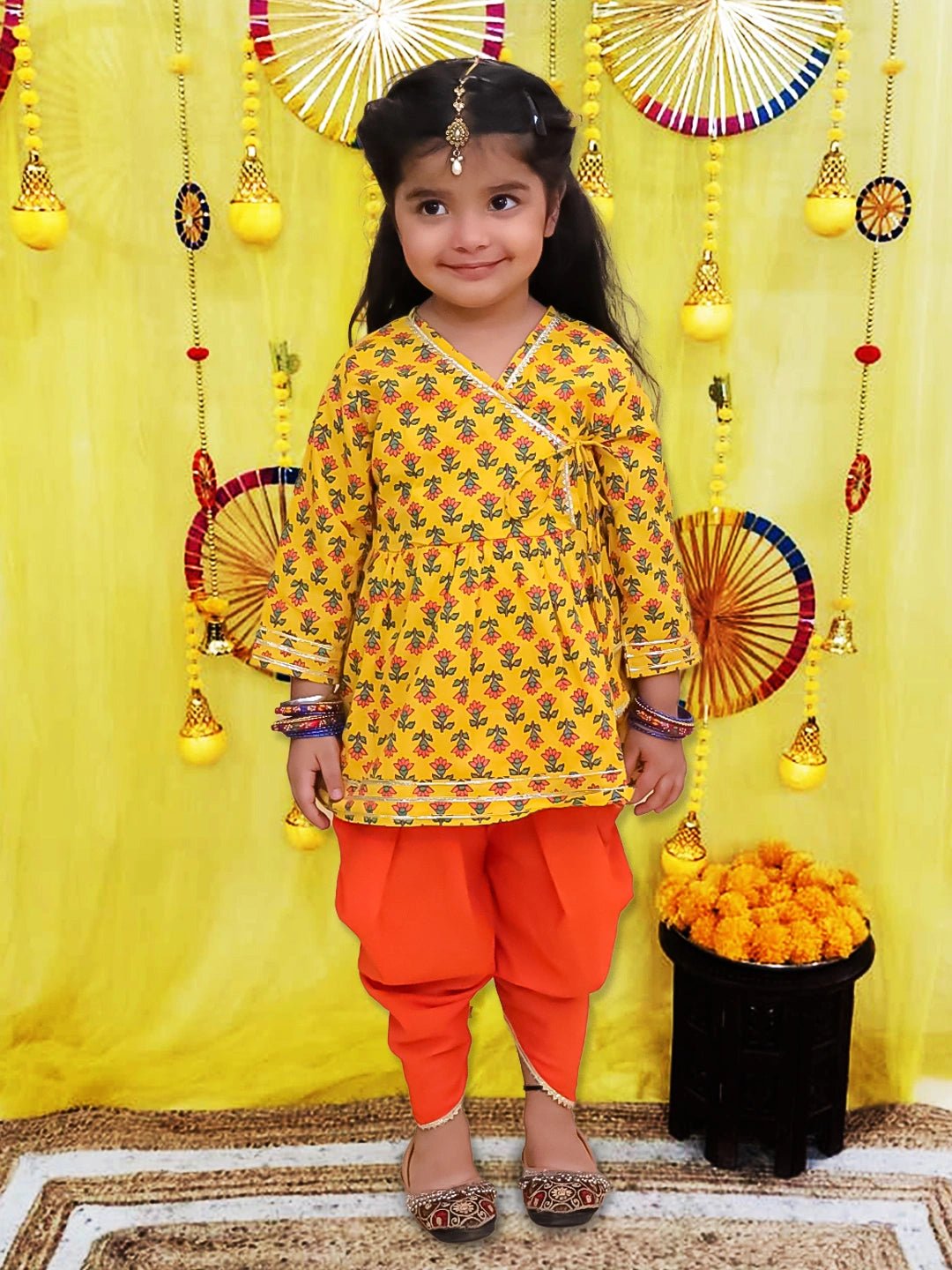 Fast Wear Pure Cotton Quater sleeves Printed Kurti With Dhoti Set For Girls