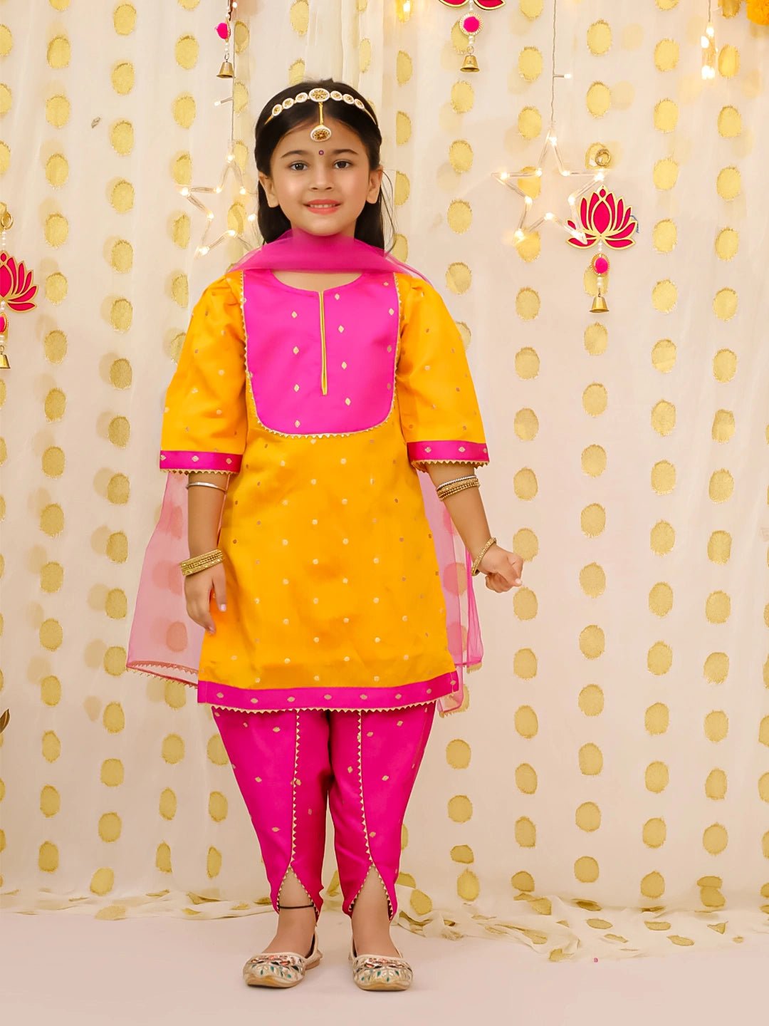 Fast Wear Festive Elbow sleeves Silk Suit With Dupatta Set For Girls