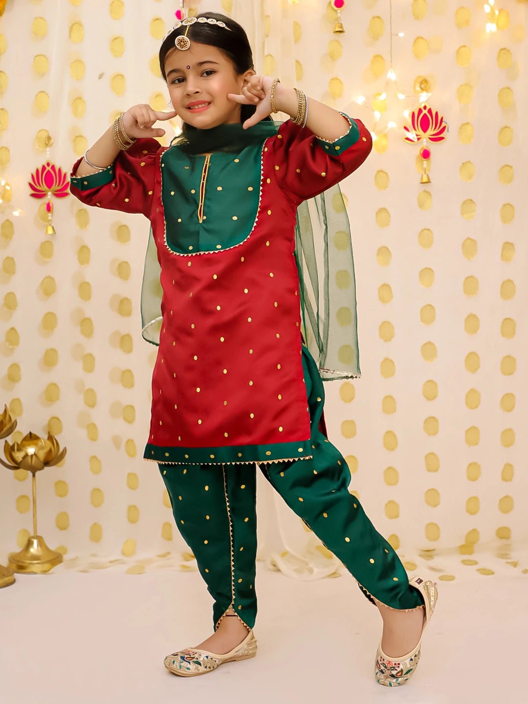 Fast Wear Festive Elbow sleeves Silk Suit With Dupatta Set For Girls