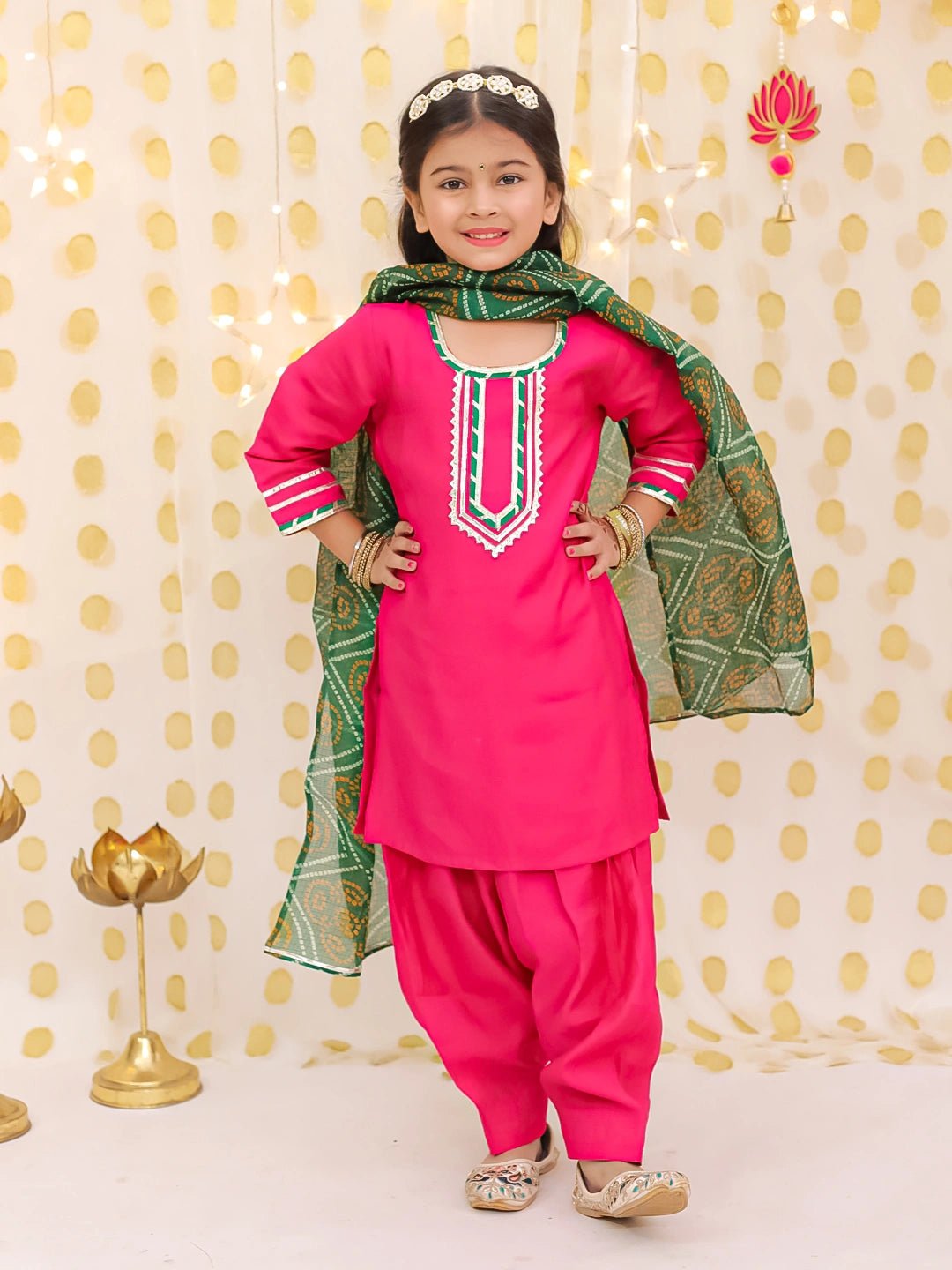 Fast Wear Festive Elbow sleeves Silk Suit With Bandhni Dupatta Set For Girls