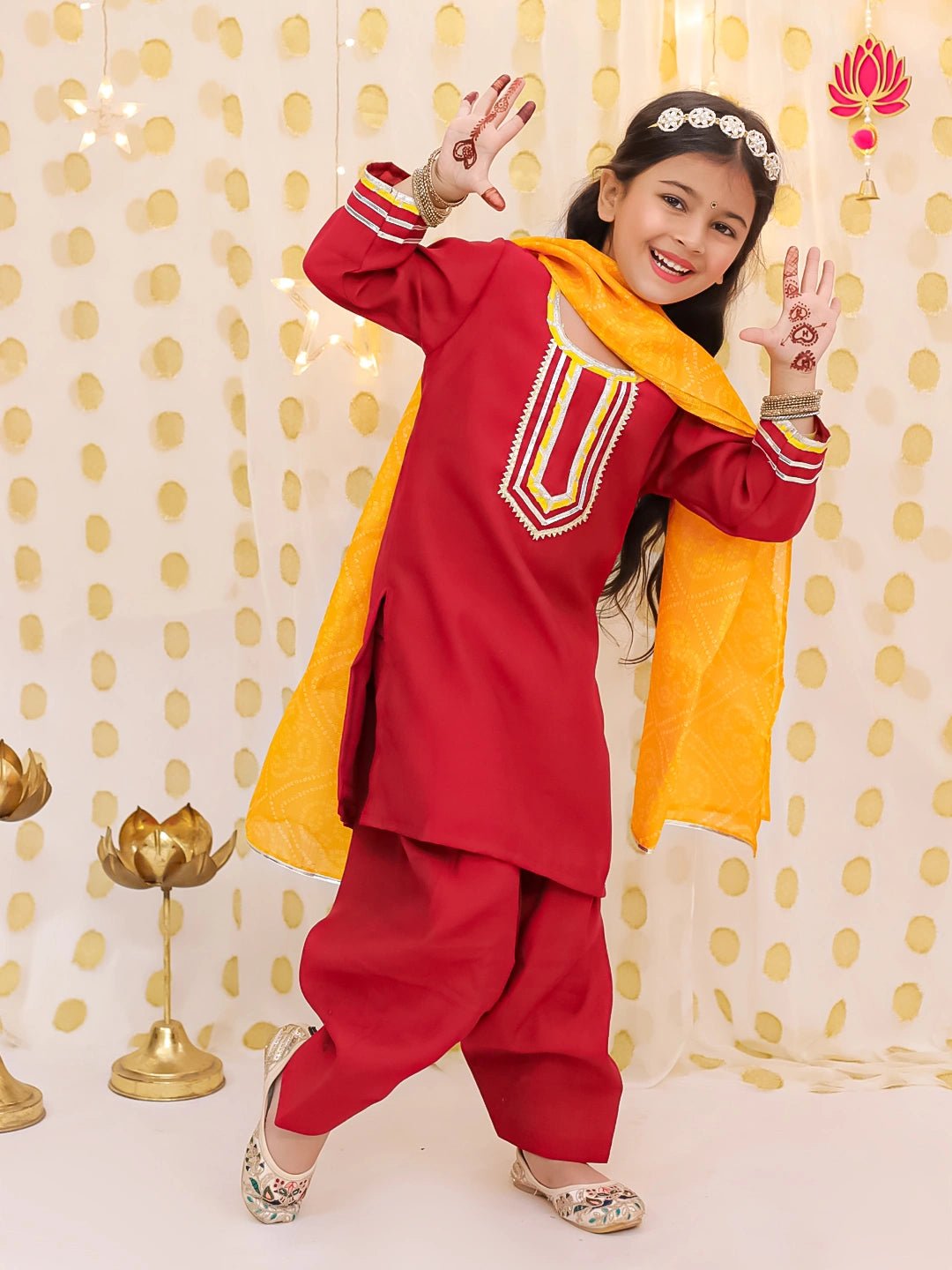 Fast Wear Festive Elbow sleeves Silk Suit With Bandhni Dupatta Set For Girls