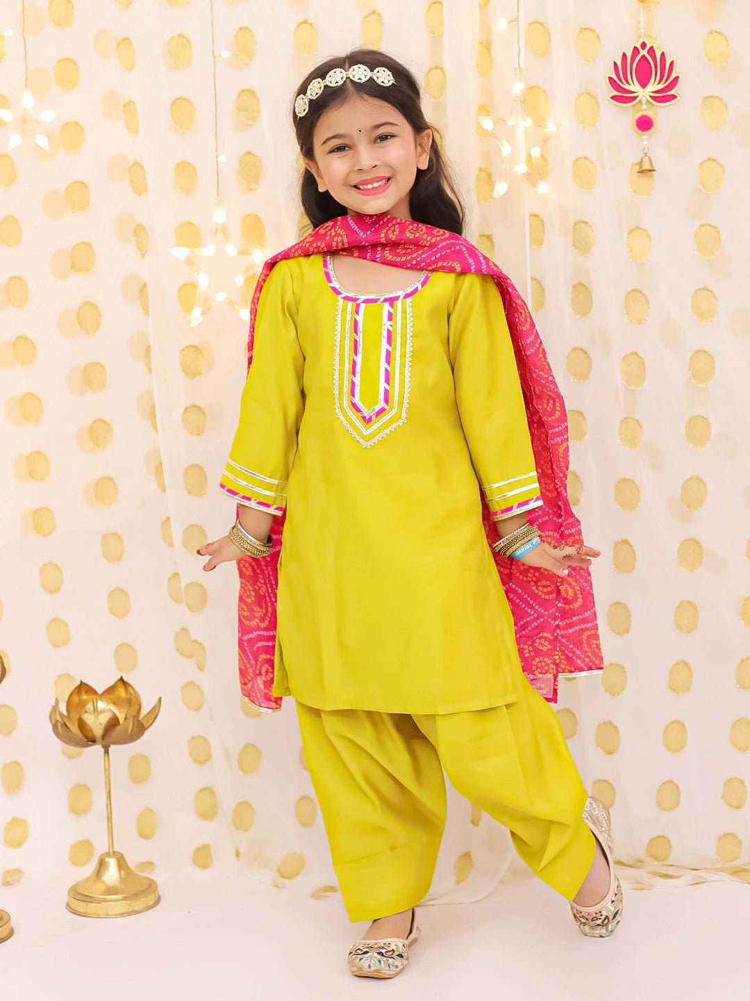 Fast Wear Festive Elbow sleeves Silk Suit With Bandhni Dupatta Set For Girls