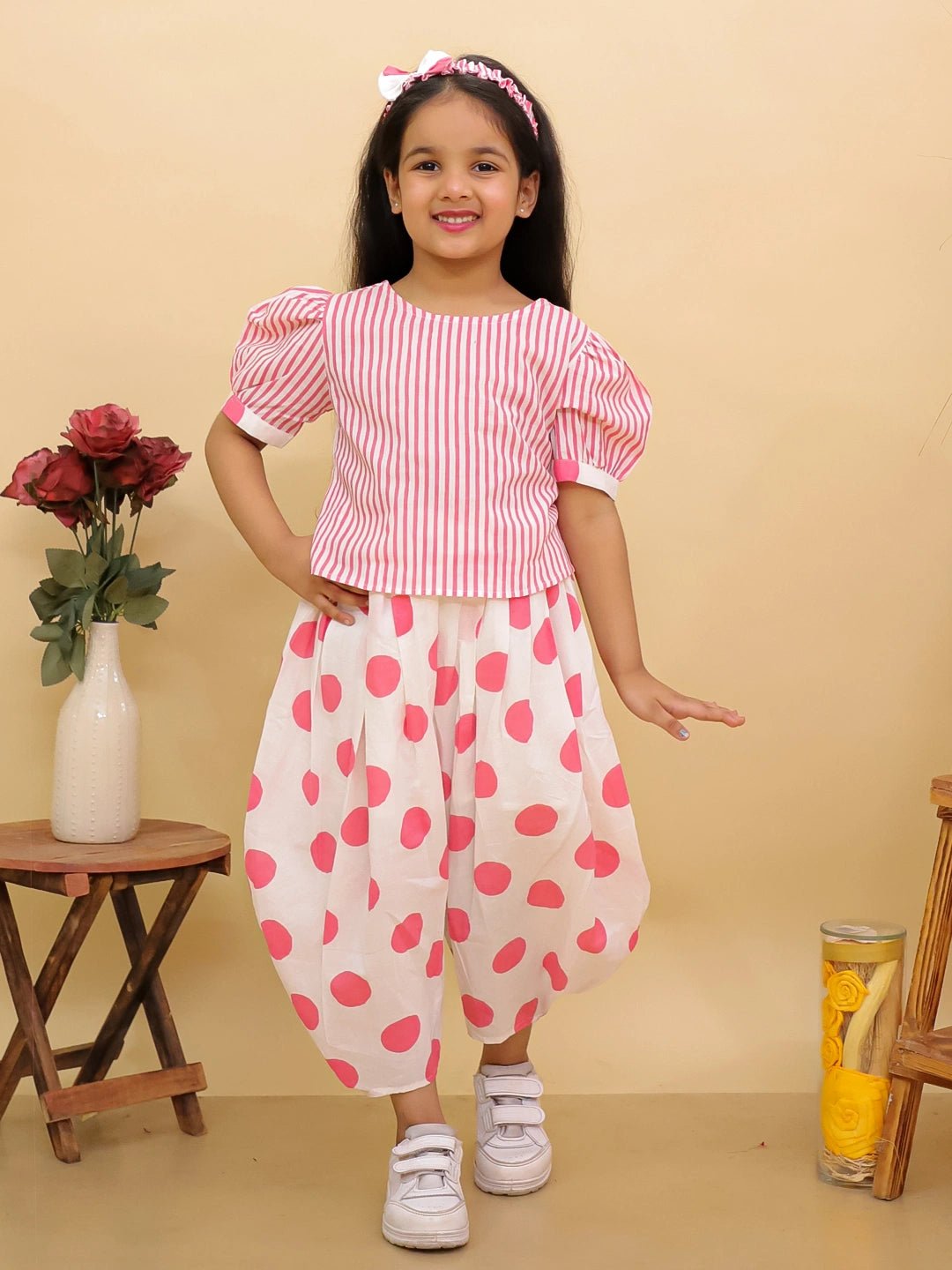 Fast Wear Pure Cotton Stripes Top & Flared Pants With Hairband For  Girls