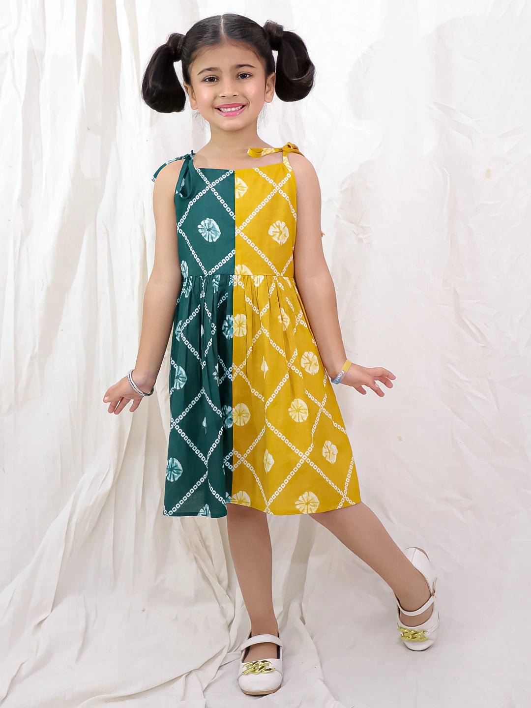 Fast Wear Pure Cotton Tie & Dye Sleeveless Color Block  Summer Dress For Girls