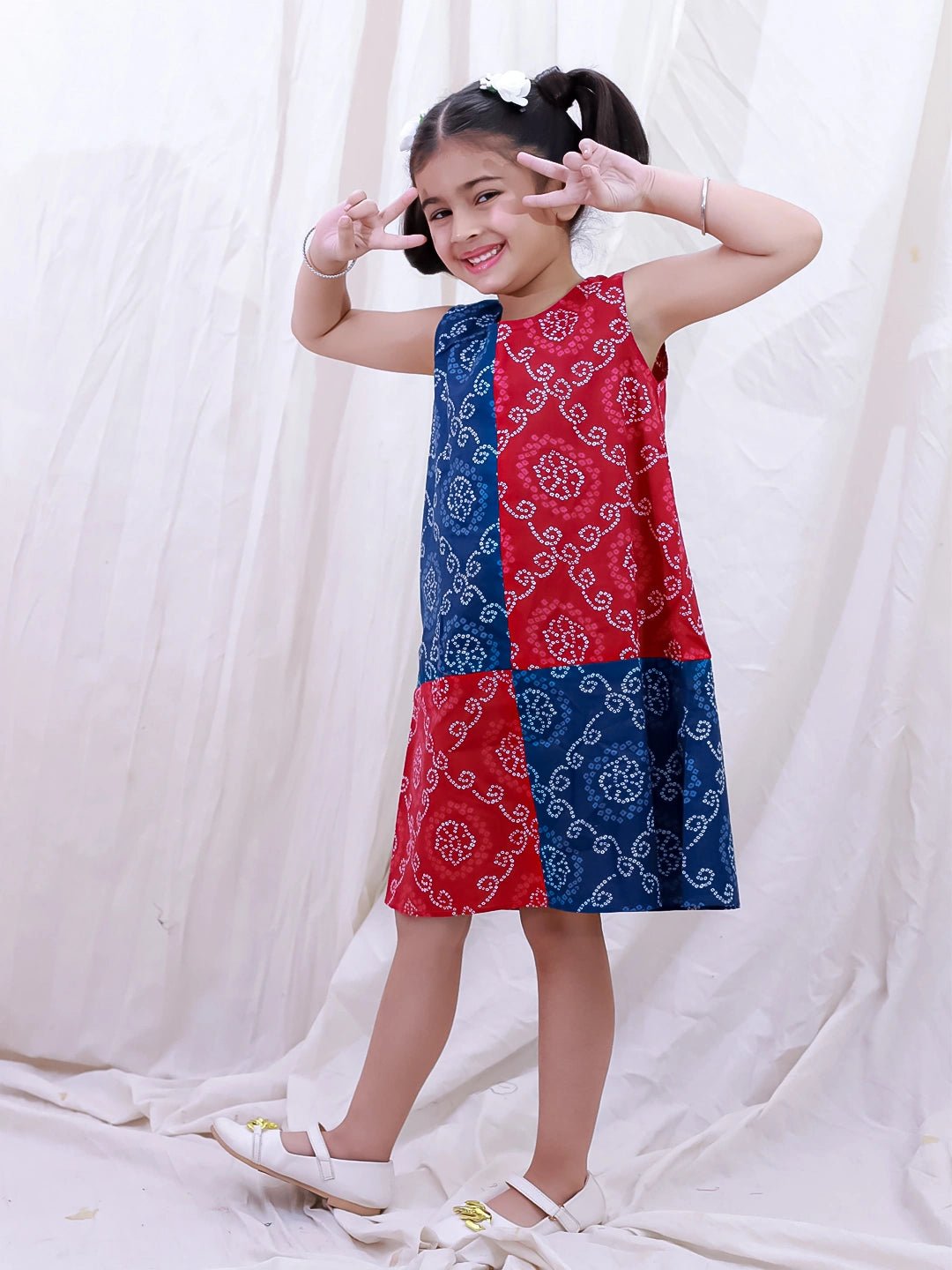 Fast Wear Pure Cotton Sleeveless Bandhni Printed  Color Block  Summer Dress For Girls