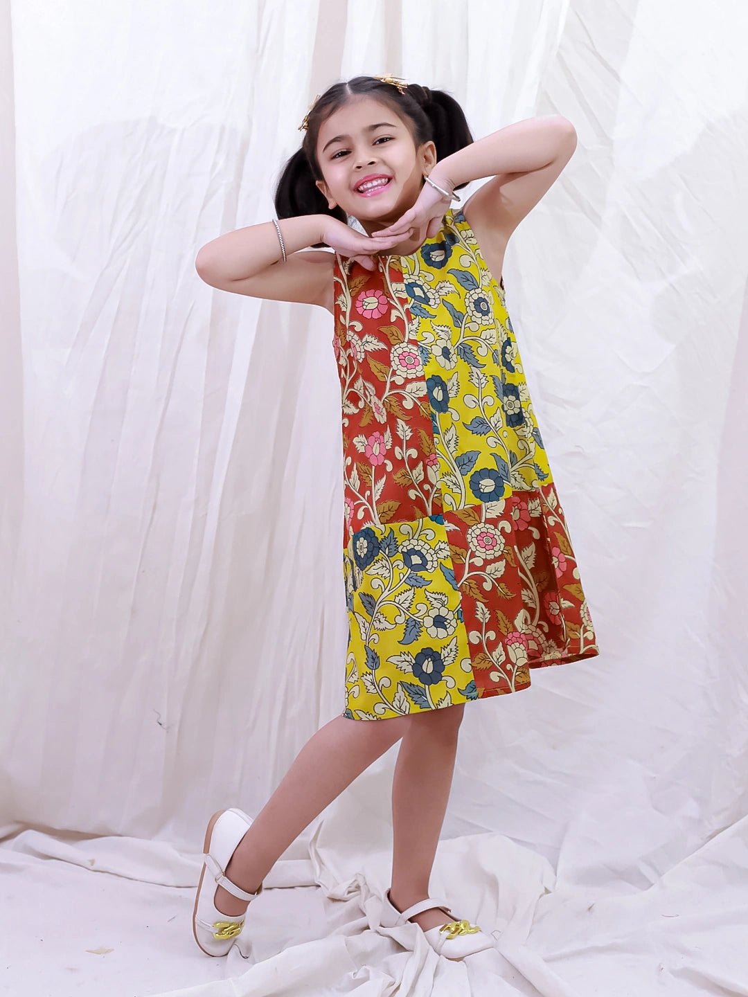 Fast Wear Pure Cotton Sleeveless Kalamkari Printed  Color Block  Summer Dress For Girls