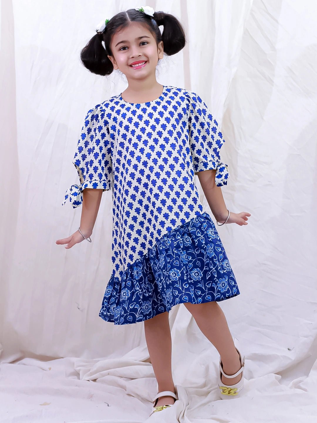 Fast Wear Pure Cotton Half Sleeves Printed  Color Block  Summer Dress For Girls