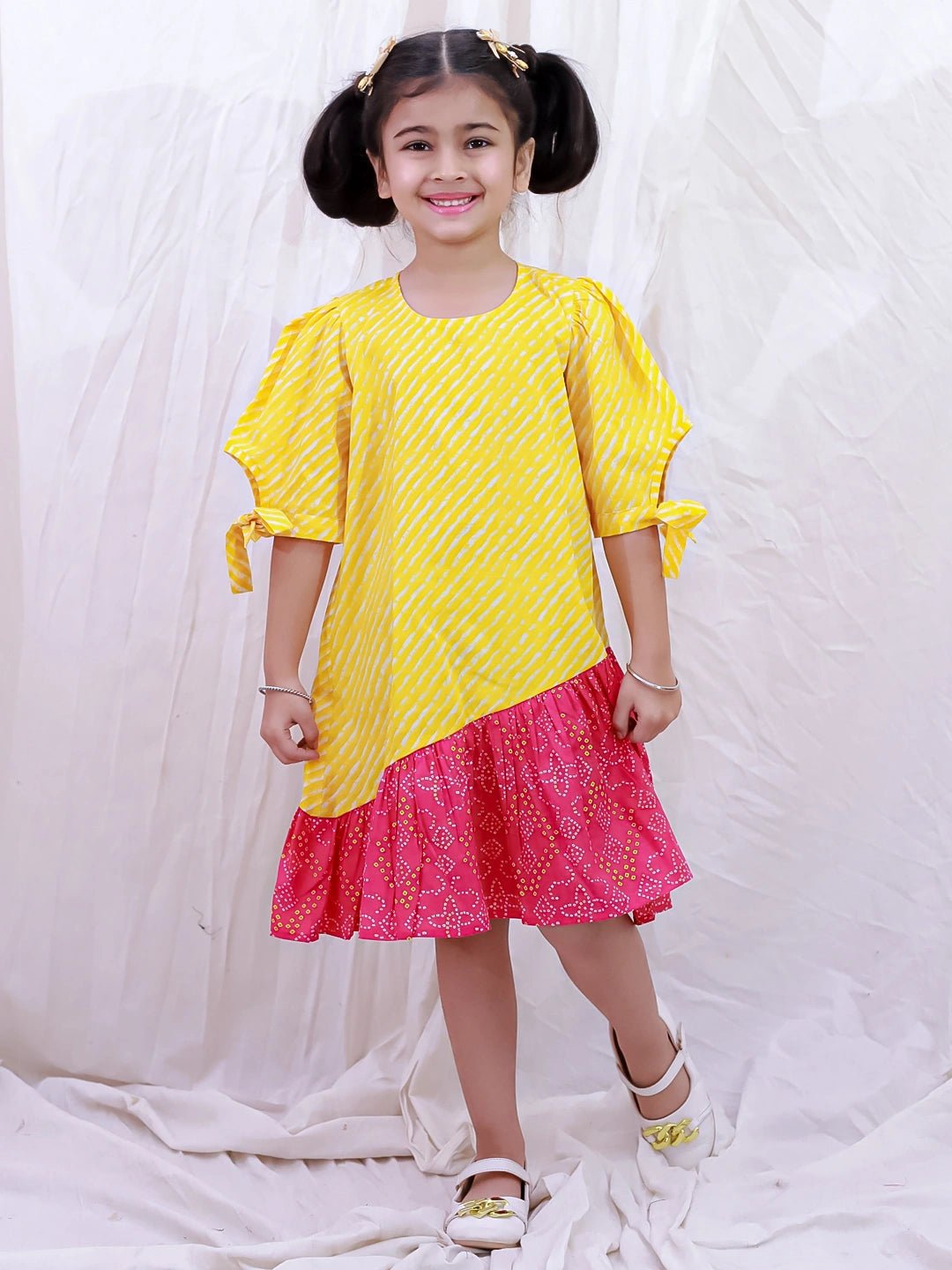Fast Wear Pure Cotton Half Sleeves Printed  Color Block  Summer Dress For Girls
