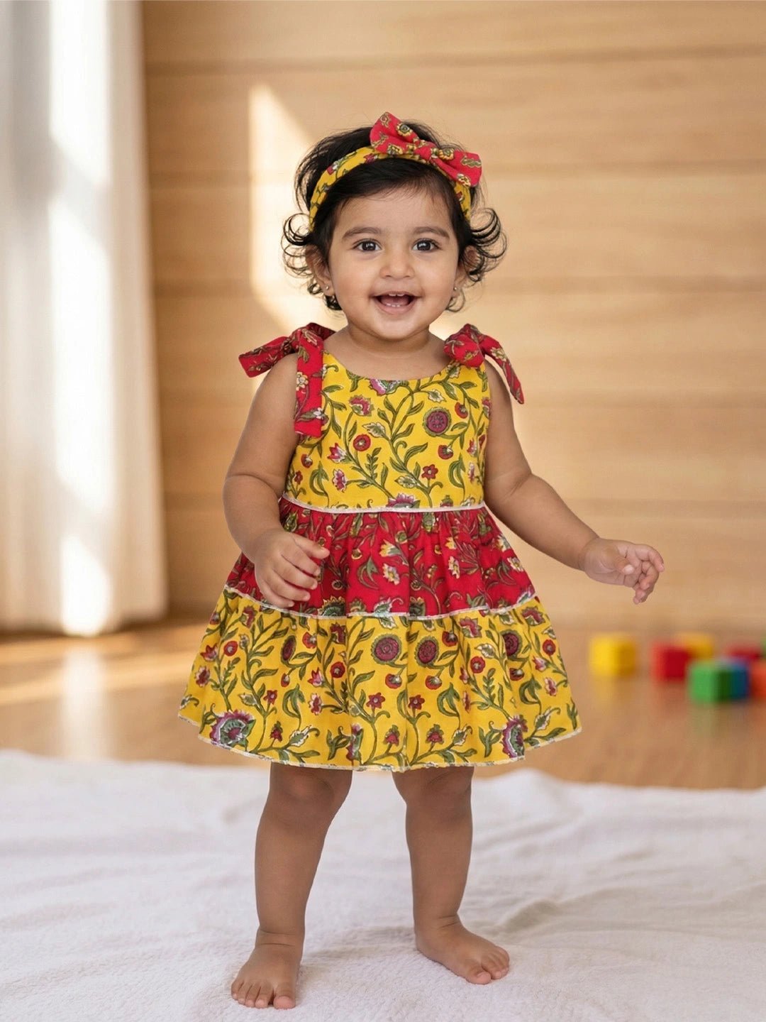 Fast Wear Pure Cotton Tie-Up Dress With Hairband For Infants