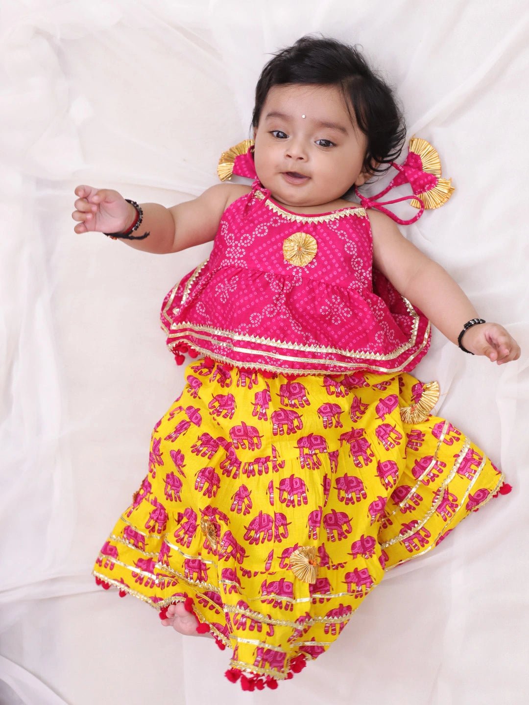 Fast Wear Pure Cotton Bandhani Printed Lehenga Choli For Infants