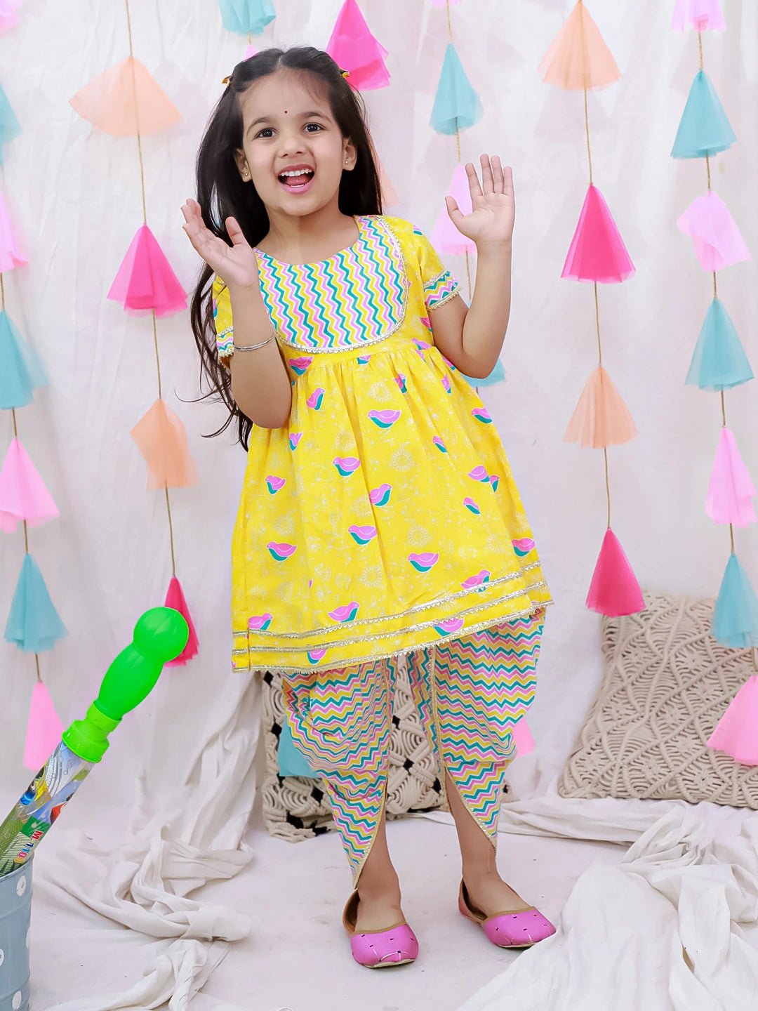 Fast Wear Short Sleeves Kurti With Dhoti Set For Girls
