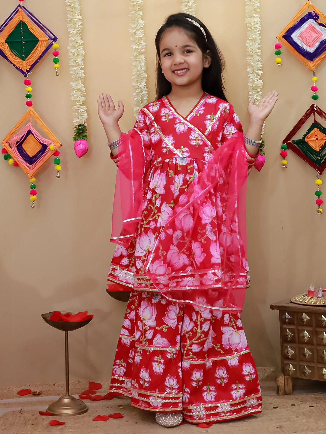 Fast Wear Pure Cotton Printed Quater Sleeves Angarakha Anarkali Kurti With Sharara & Dupatta Set For Girls