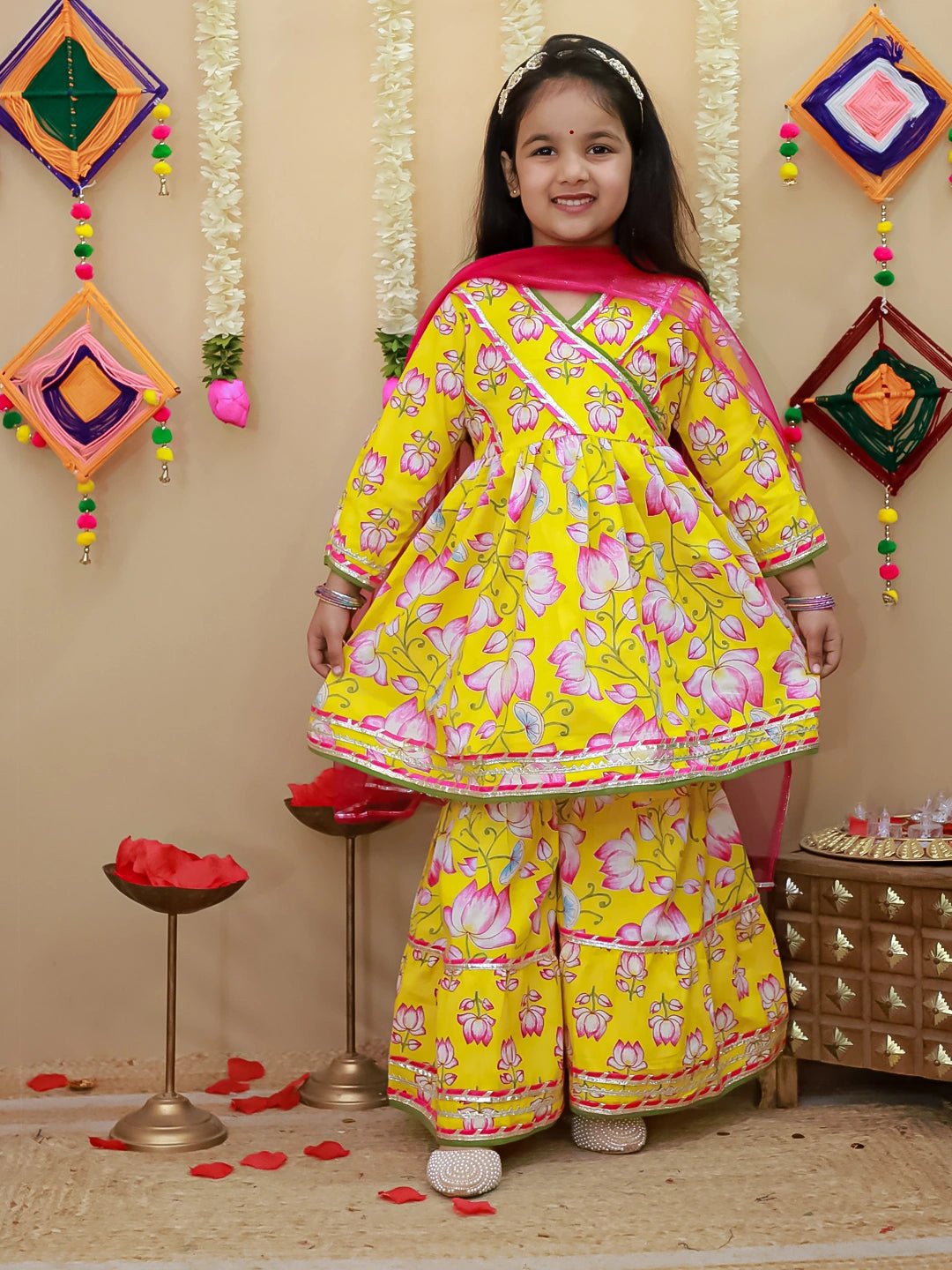 Fast Wear Pure Cotton Printed Quater Sleeves Angarakha Anarkali Kurti With Sharara & Dupatta Set For Girls