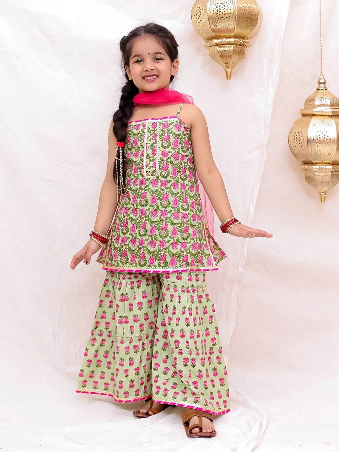 Fast Wear Pure Cotton Sleevless Printed Kurti With Sharara & Dupatta Set For Girls