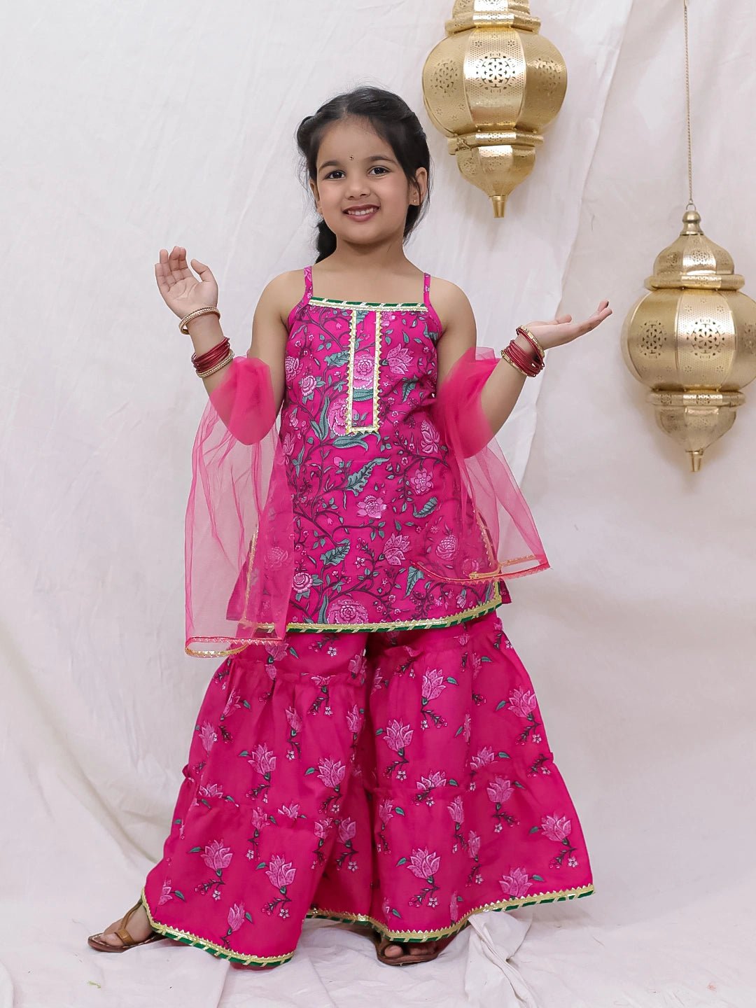 Fast Wear Pure Cotton Sleevless Printed Kurti With Sharara & Dupatta Set For Girls