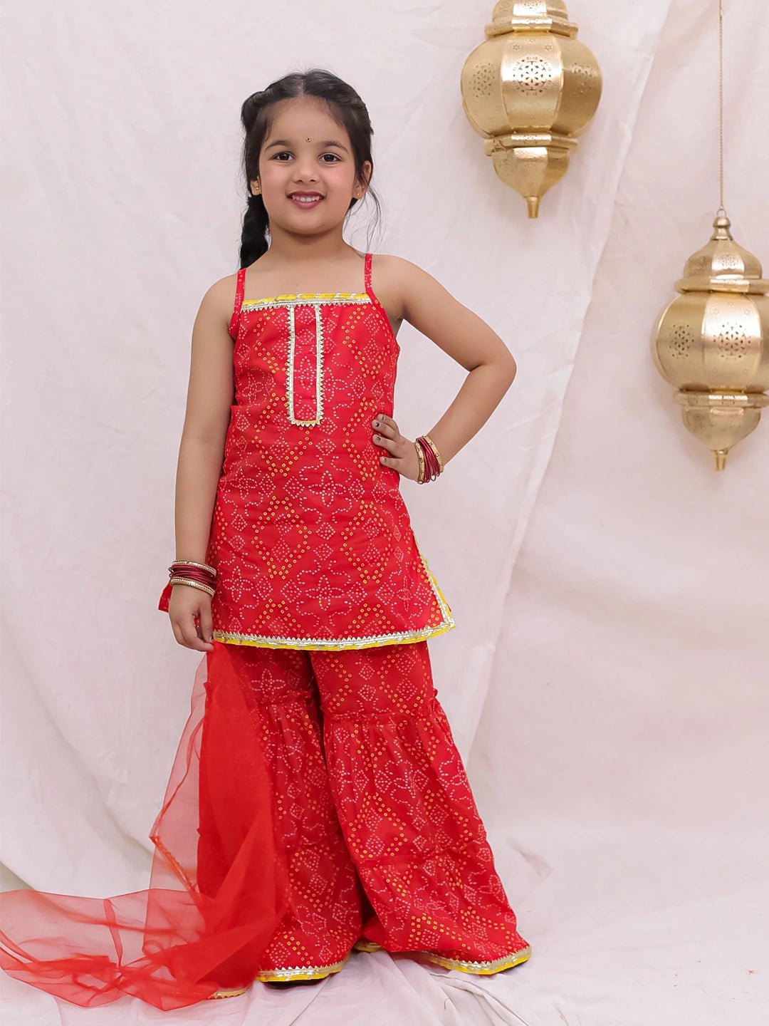 Fast Wear Pure Cotton Sleevless Printed Kurti With Sharara & Dupatta Set For Girls