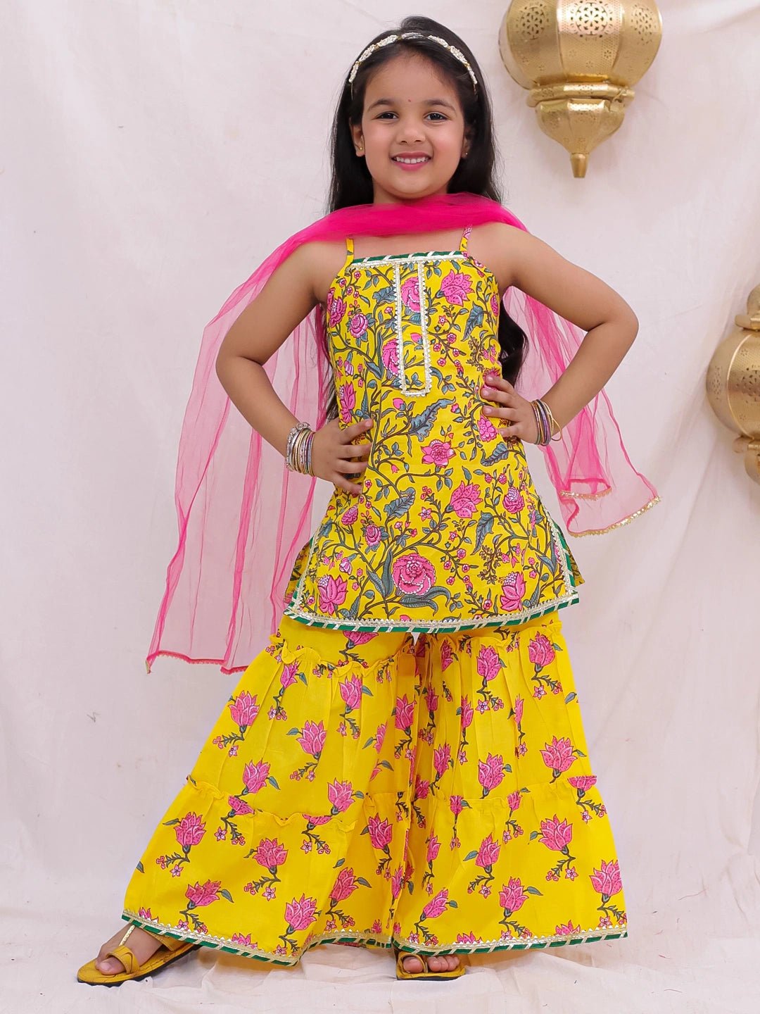 Fast Wear Pure Cotton Sleevless Printed Kurti With Sharara & Dupatta Set For Girls