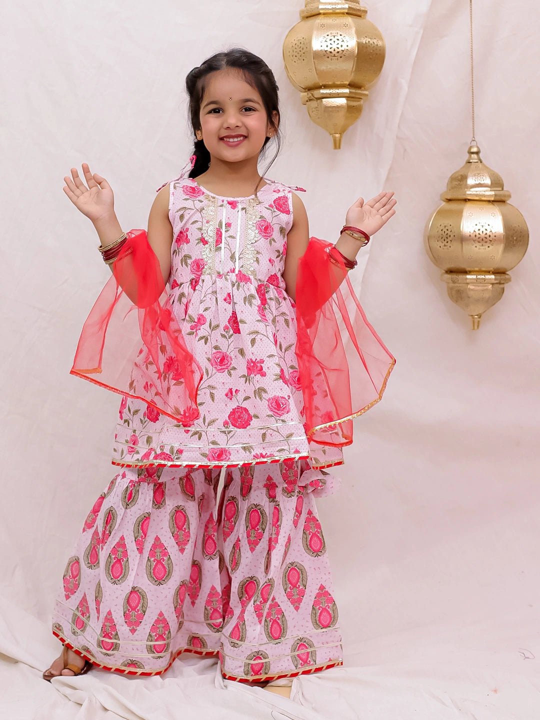 Fast Wear Pure Cotton Sleevless Printed Kurti With Sharara & Dupatta Set For Girls