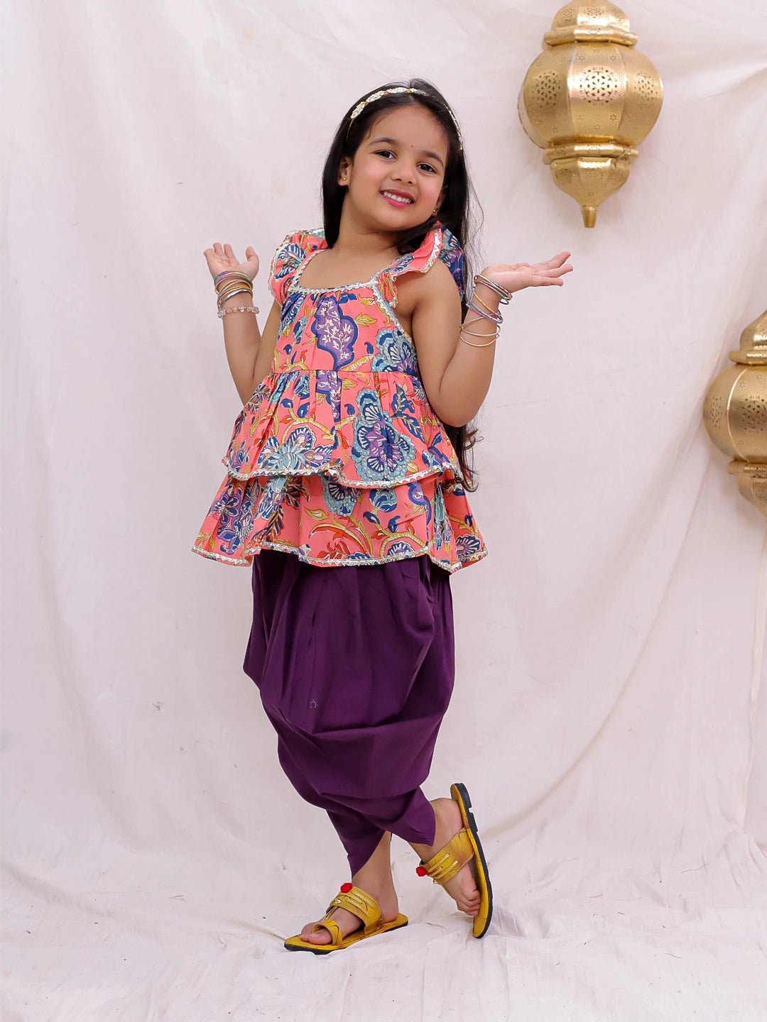 Fast Wear Pure Cotton Ruffle Sleeve Printed Top Dhoti Set For Girls
