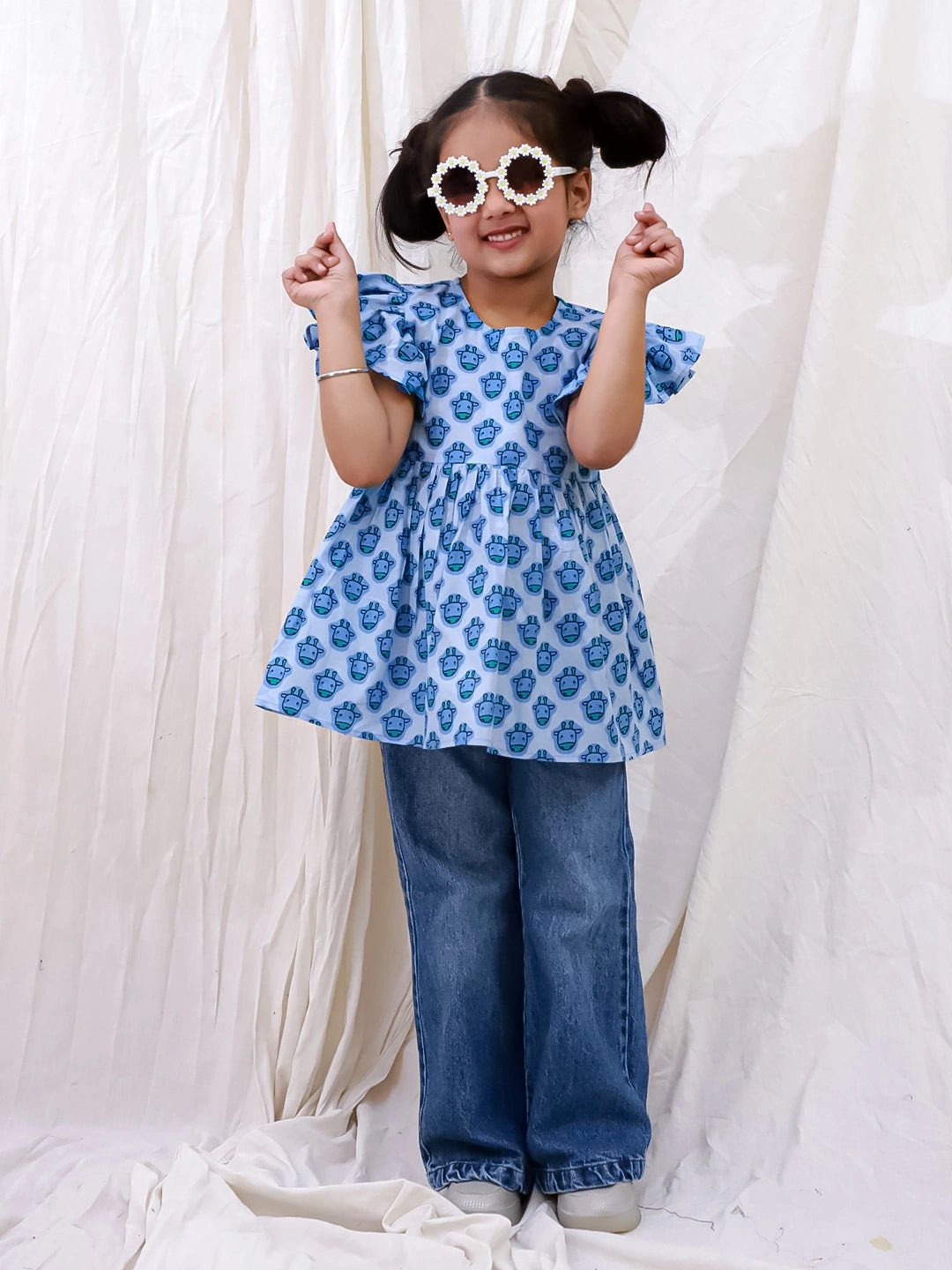 Fast Wear Pure Cotton Ruffle Sleeves Top For Girls