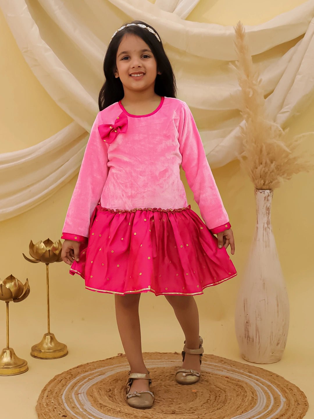 Fast Wear Full Sleeves Velvet Party Dress For Girls
