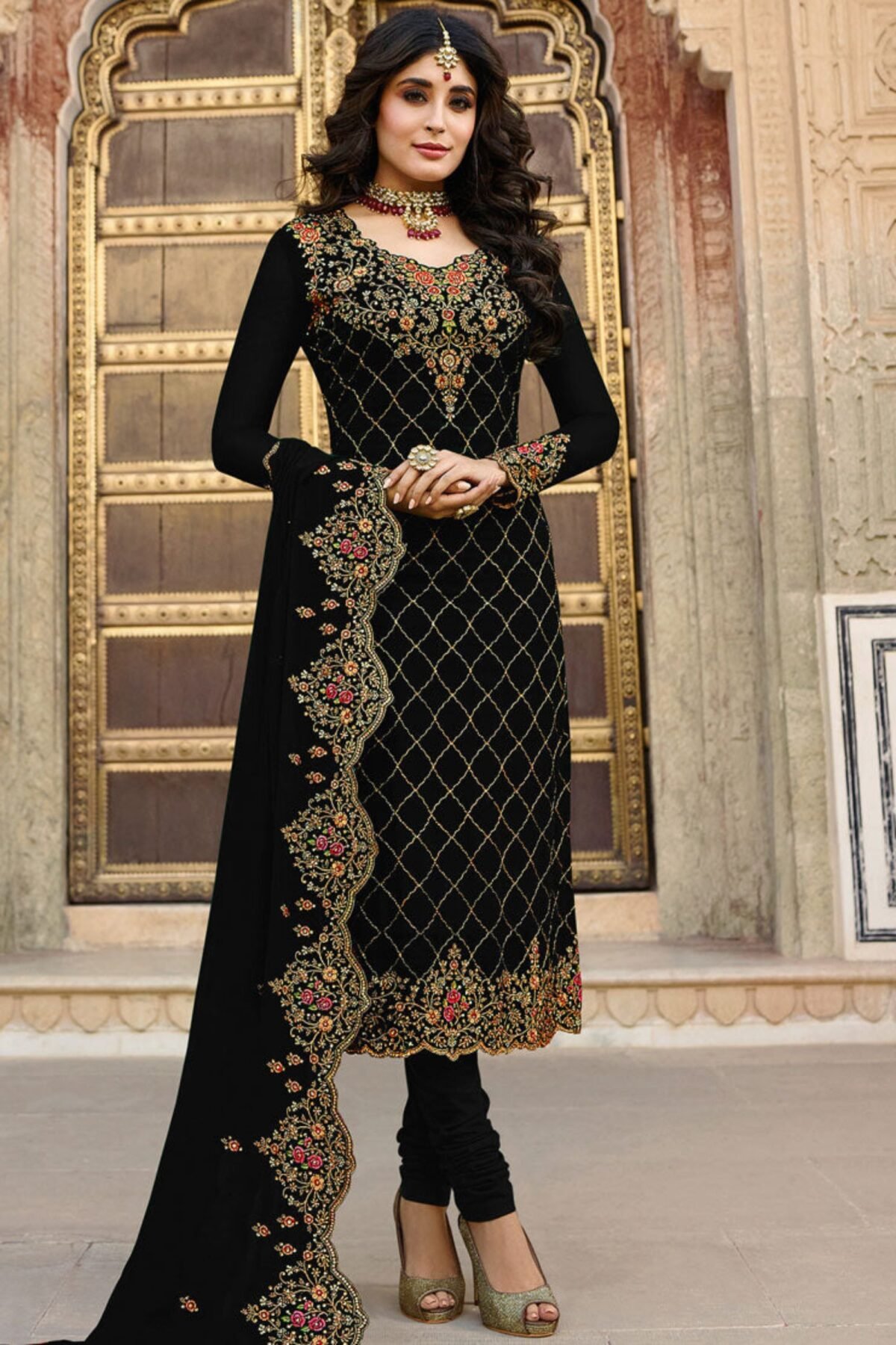 Black Georgette Designer Suit With Stone Work