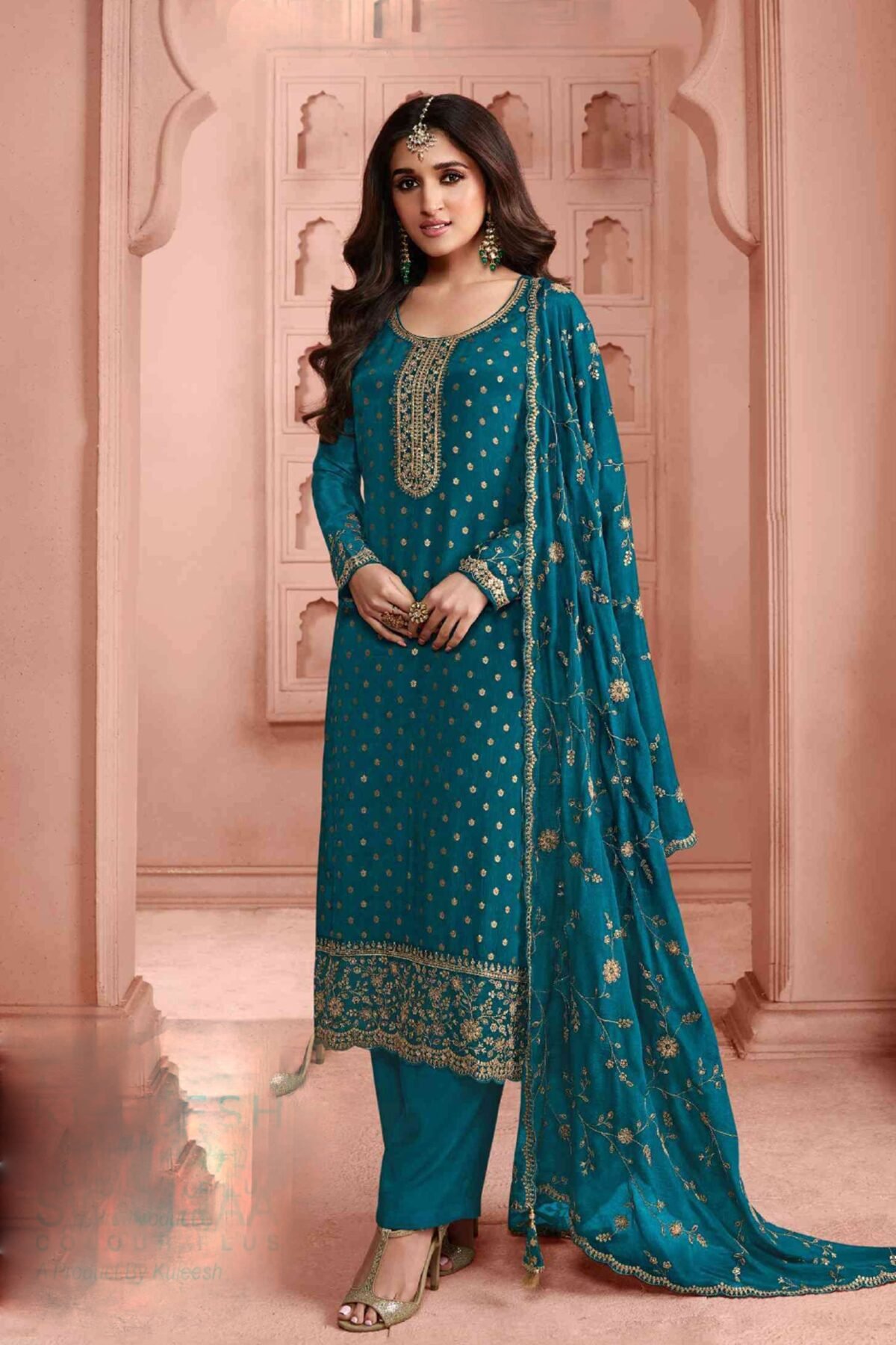 Wedding Suit in Teal Dola Jacquard Salwar Kameez USA